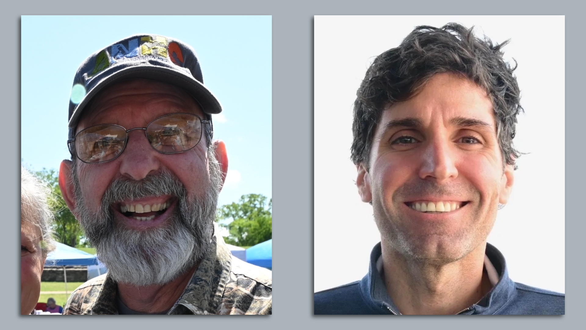 A composite of two headshots of Mike Mills, bearded with a hat, and Bryan Sanders, clean-shaven and no hat.