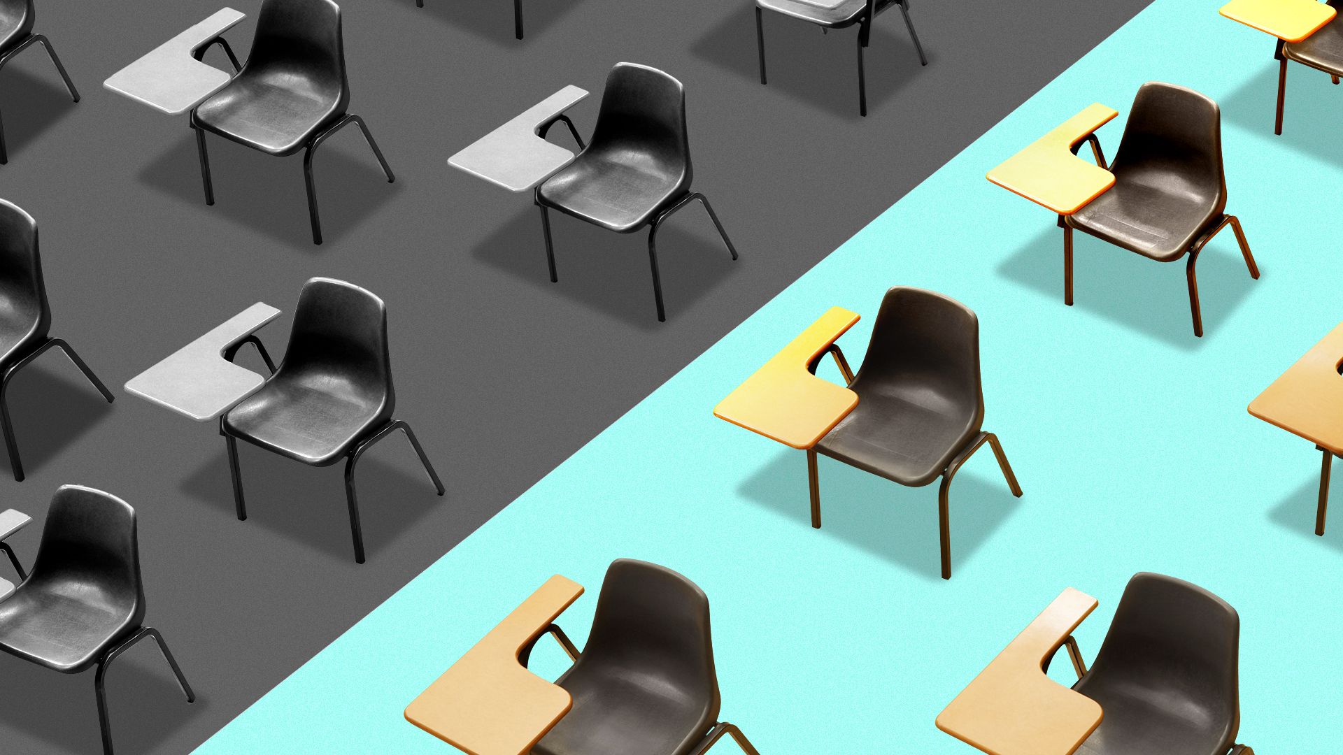 Illustration of a classroom full of desks with half of them in black and white and half in color