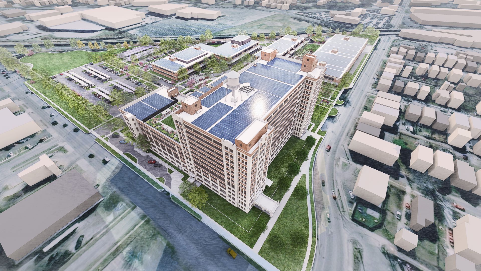 Rendering shows a 12-story apartment building topped with solar panels and surrounded by a public market at Hardesty and Independence avenues in Kansas City.