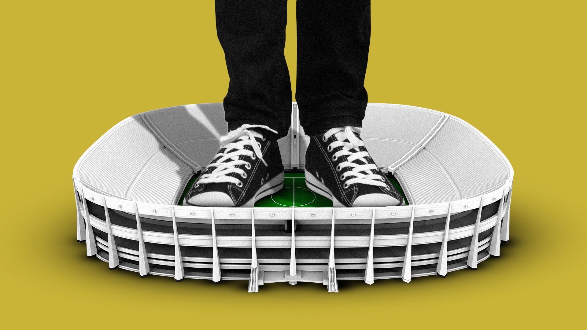 Illustration of a giant pair of legs standing in a tiny stadium. 
