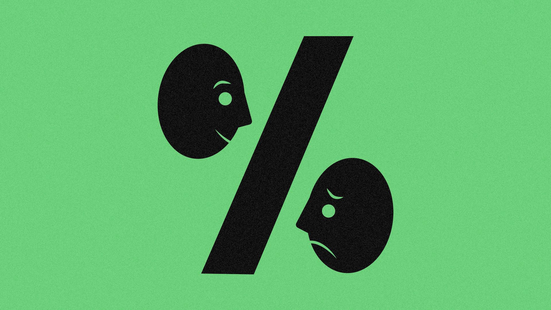 Illustration of a percent sign with a smiling and frowning face forming the zeroes.