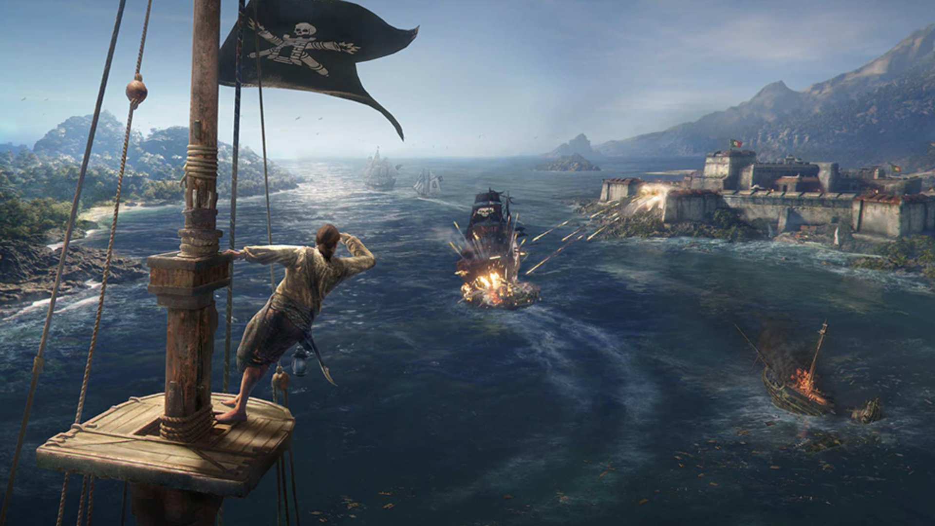 Screenshot of a pirate standing atop a mast, looking for ships
