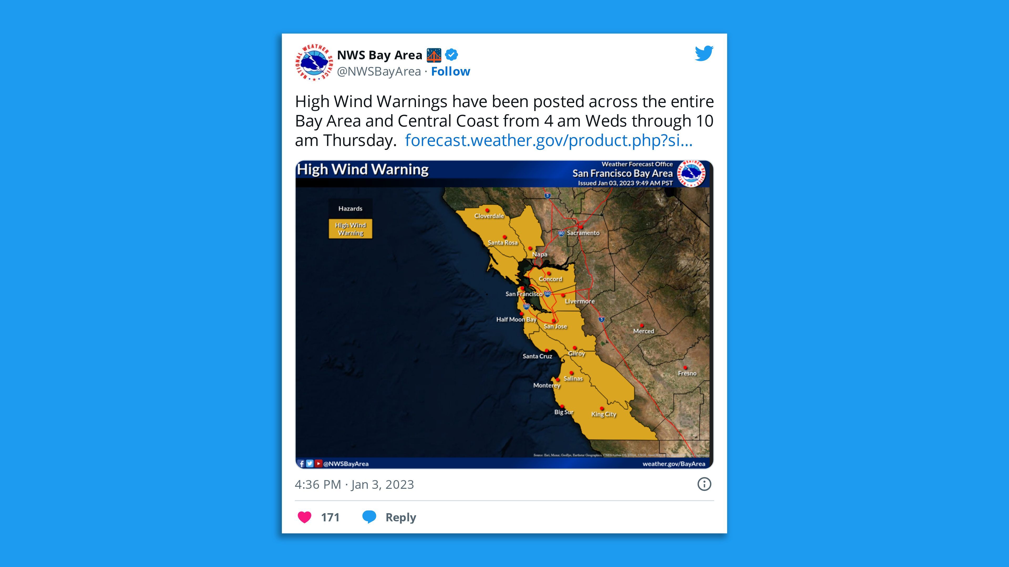 A screenshot of an NWS tweet warning of high winds across California from Wednesday.