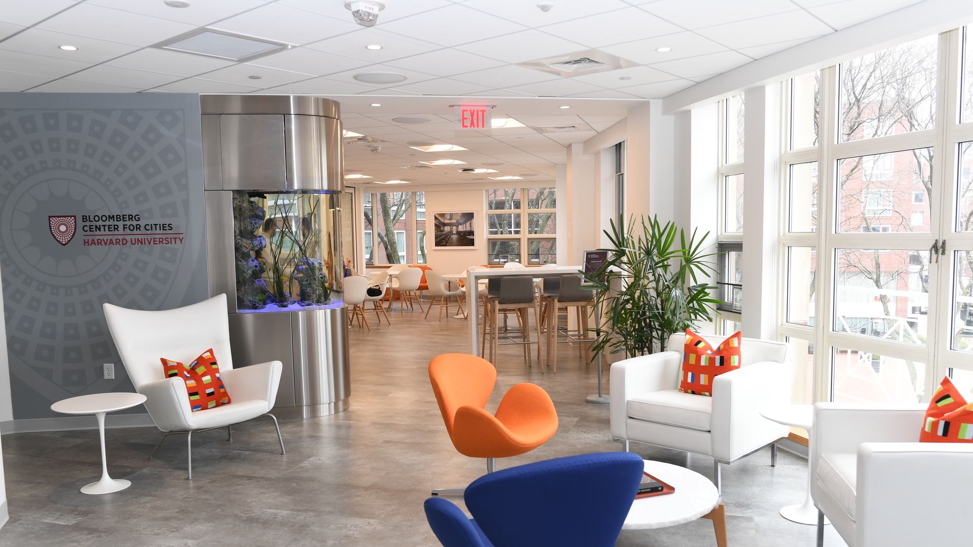 A view of seats and seating areas at the new Bloomberg Center for Cities at Harvard's Kennedy School