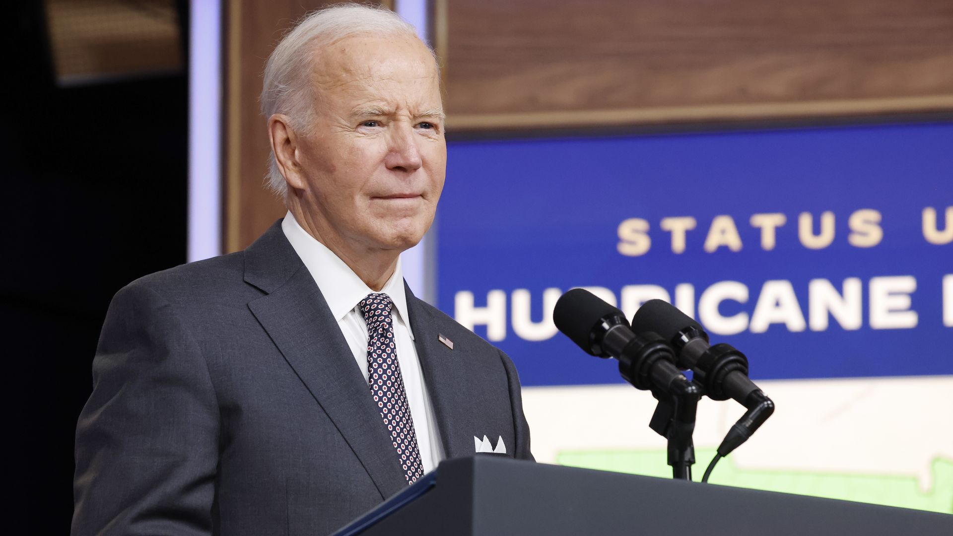 President Joe Biden gives remarks on the effects of Hurricane Milton during an event in the South Court Auditorium in the Eisenhower Executive Office Building on the White House campus on October 10, 2024 in Washington, DC. Hurricane Milton made landfall as a Category 3 hurricane in the Siesta Key a