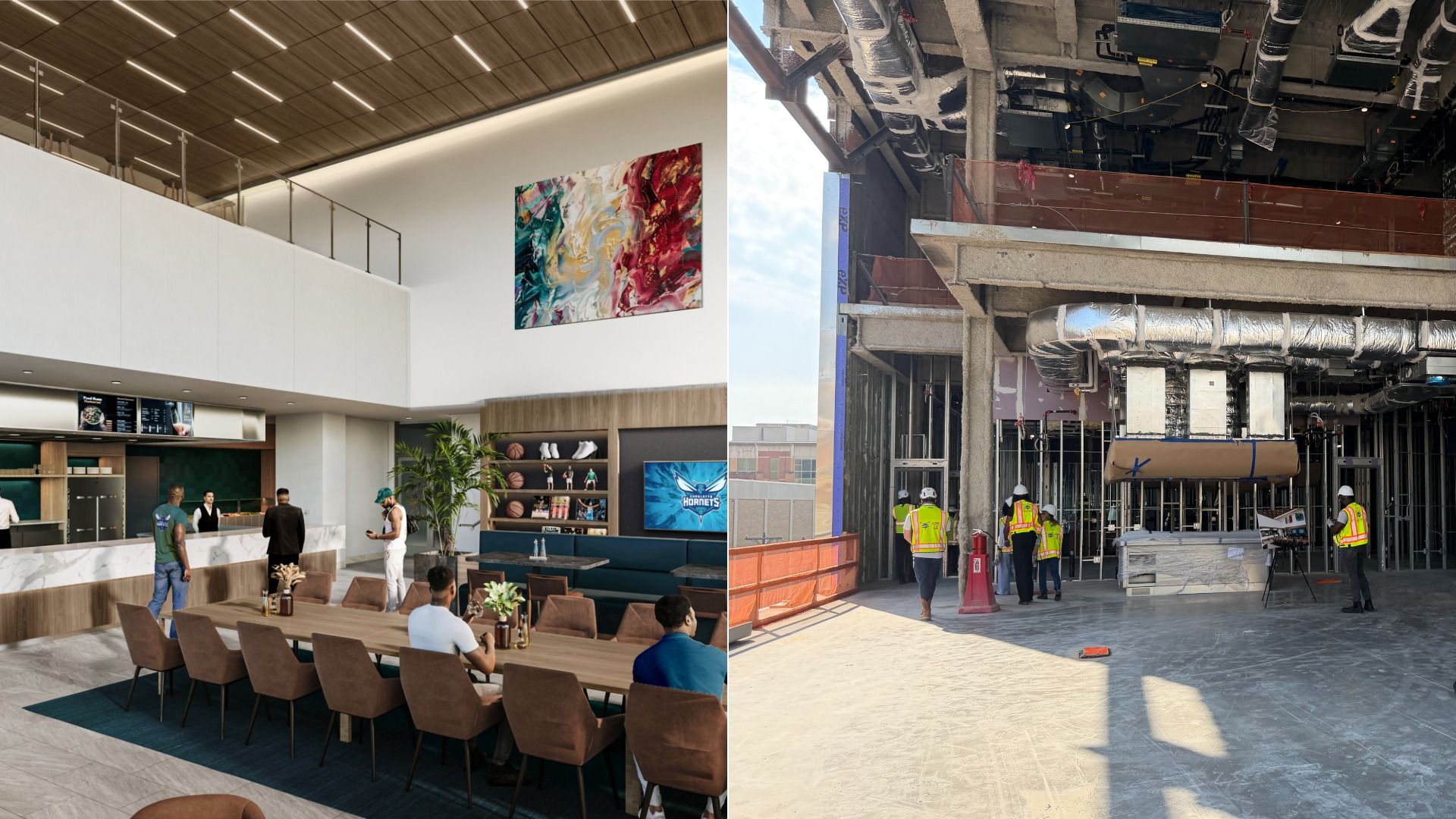 Split view: left a modern cafe with a long table, brown chairs, plants, and an abstract painting; right a construction site with exposed ducts, scaffolding, and workers in safety vests.