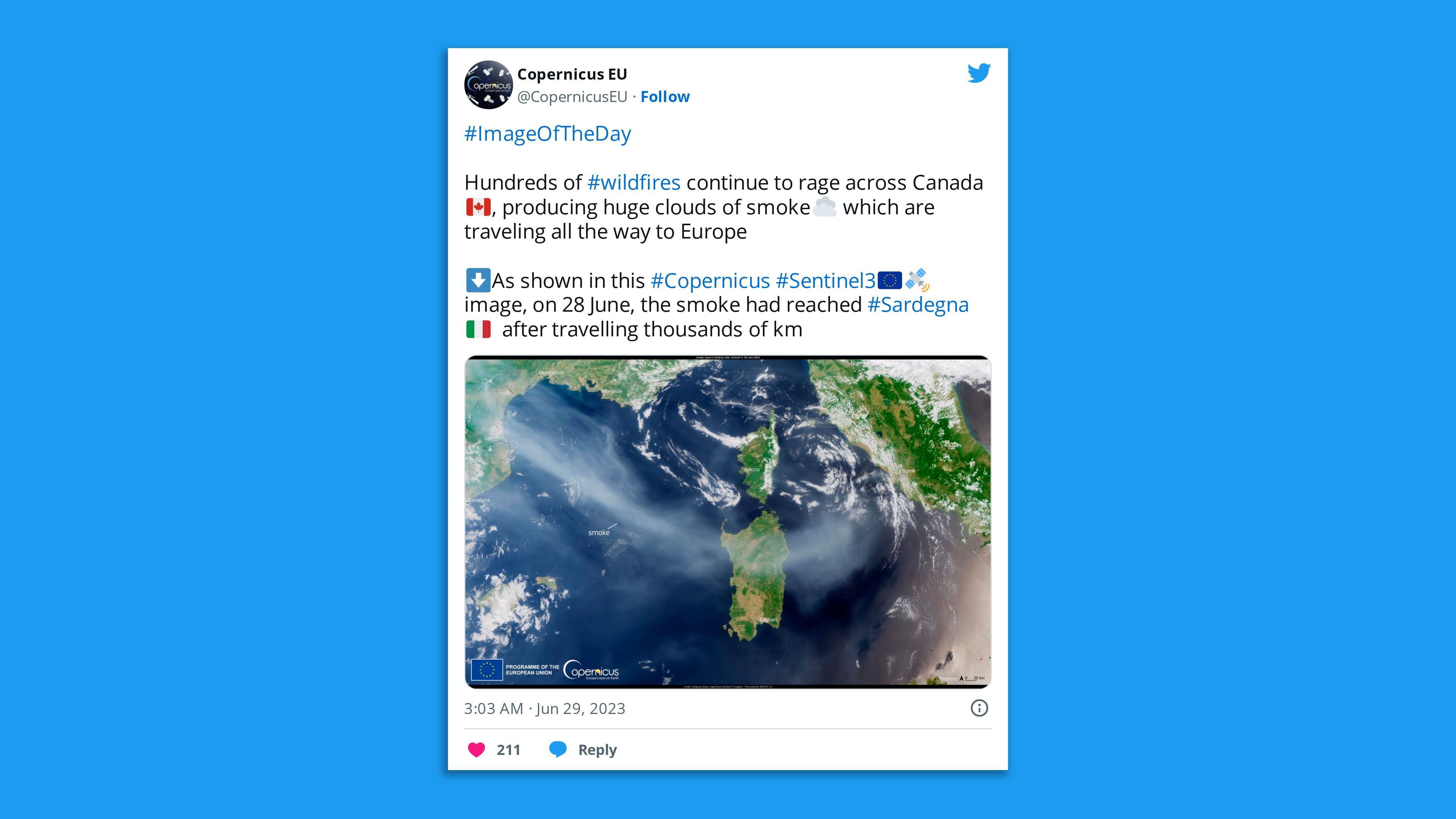 A screenshot of a tweet by Copernicus EU showing a map of wildfire smoke over the European island of Sardinia, saying:  " Hundreds of #wildfires continue to rage across Canada🇨🇦, producing huge clouds of smoke☁️ which are traveling all the way to Europe  ⬇️As shown in this #Copernicus #Sentinel3🇪🇺🛰️image, on 28 June, the smoke had reached #Sardegna🇮🇹  after travelling thousands of km."