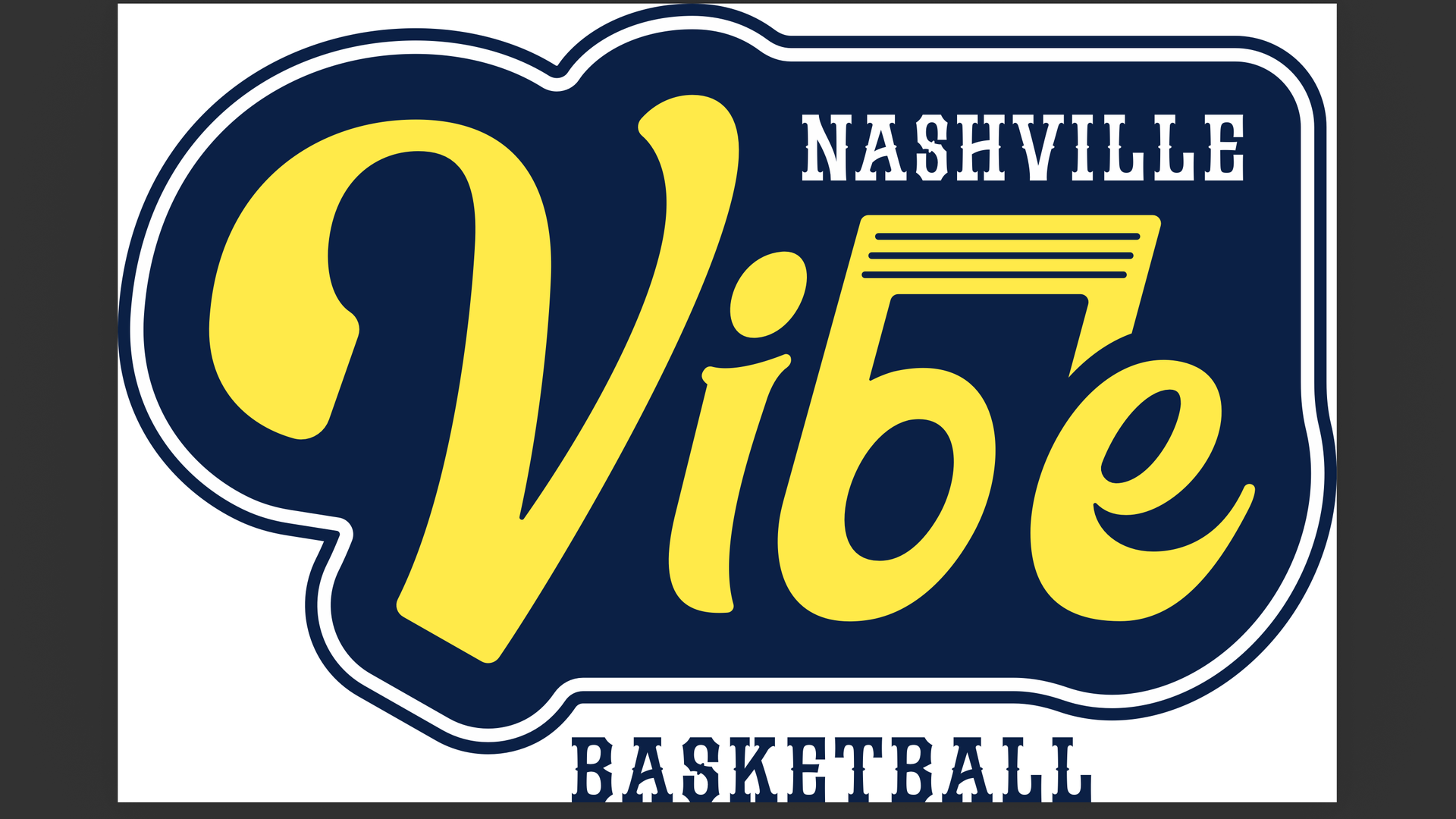 Logo-style basketball badge: navy blue shield with white outline, Nashville in white at the top, a large yellow script word across the center, and Basketball in white at the bottom.