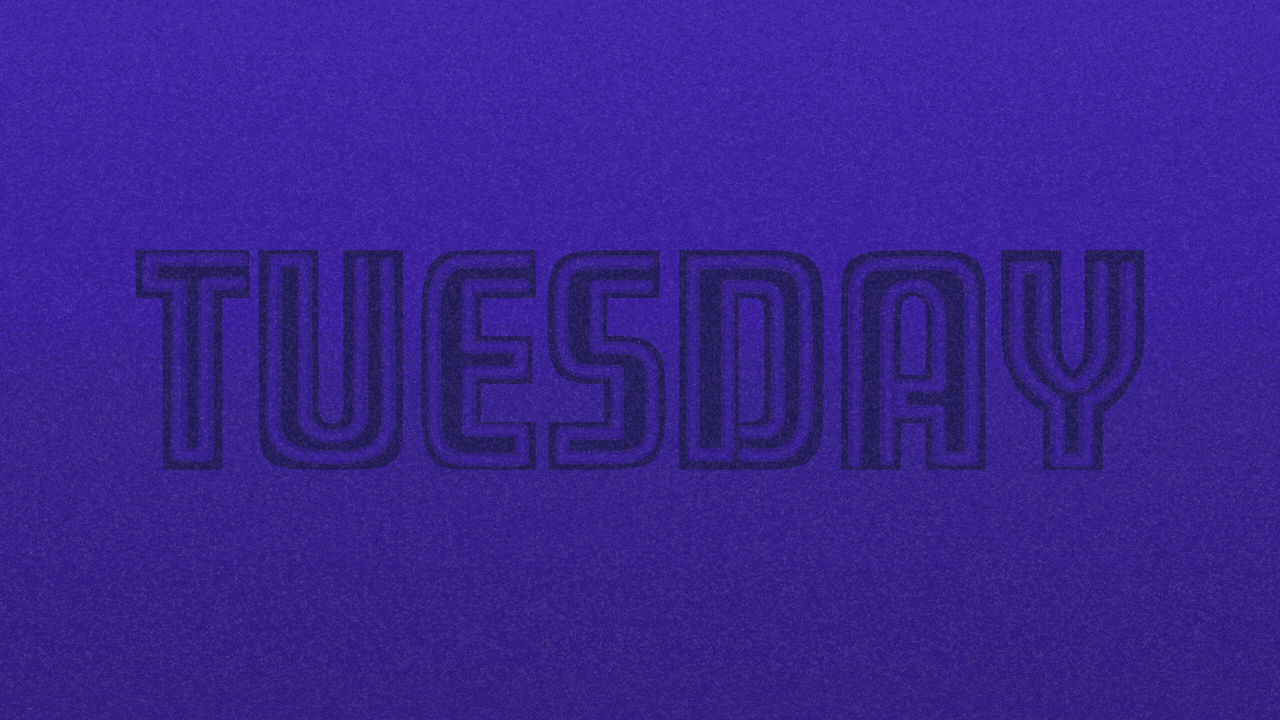 Animated illustration of the word TUESDAY rendered to look like a darkened neon sign that turns and lights up.