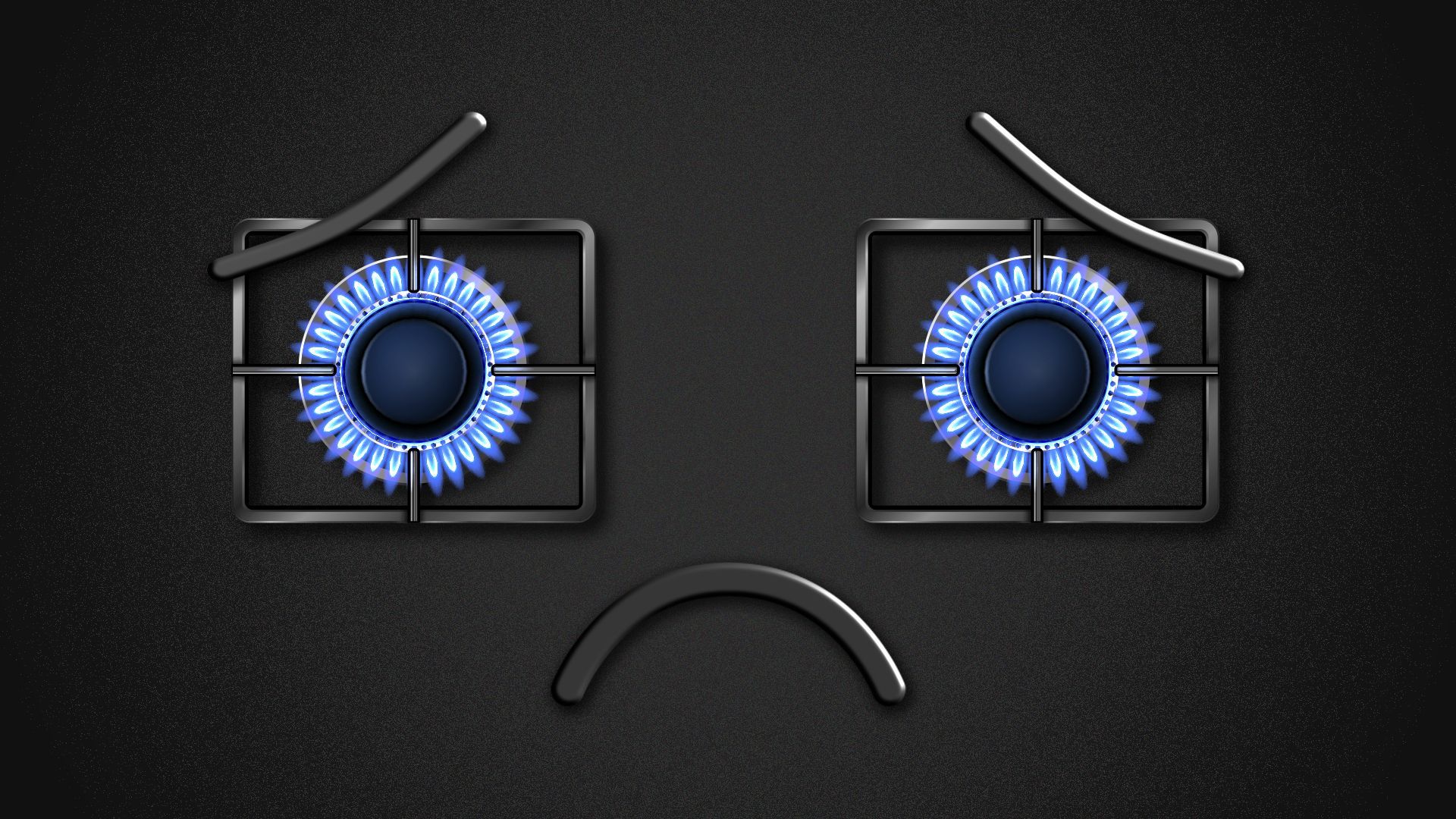 Illustration of a sad face with gas stove burners as the eyes.