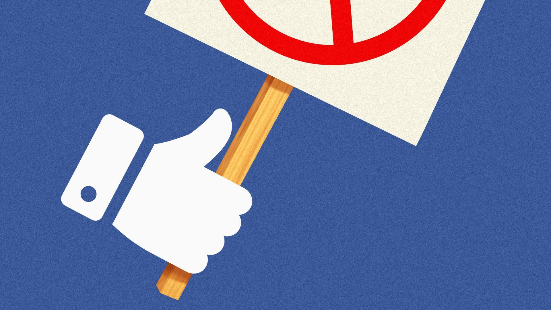 Illustration of a Facebook "like" symbol holding a protest sign.