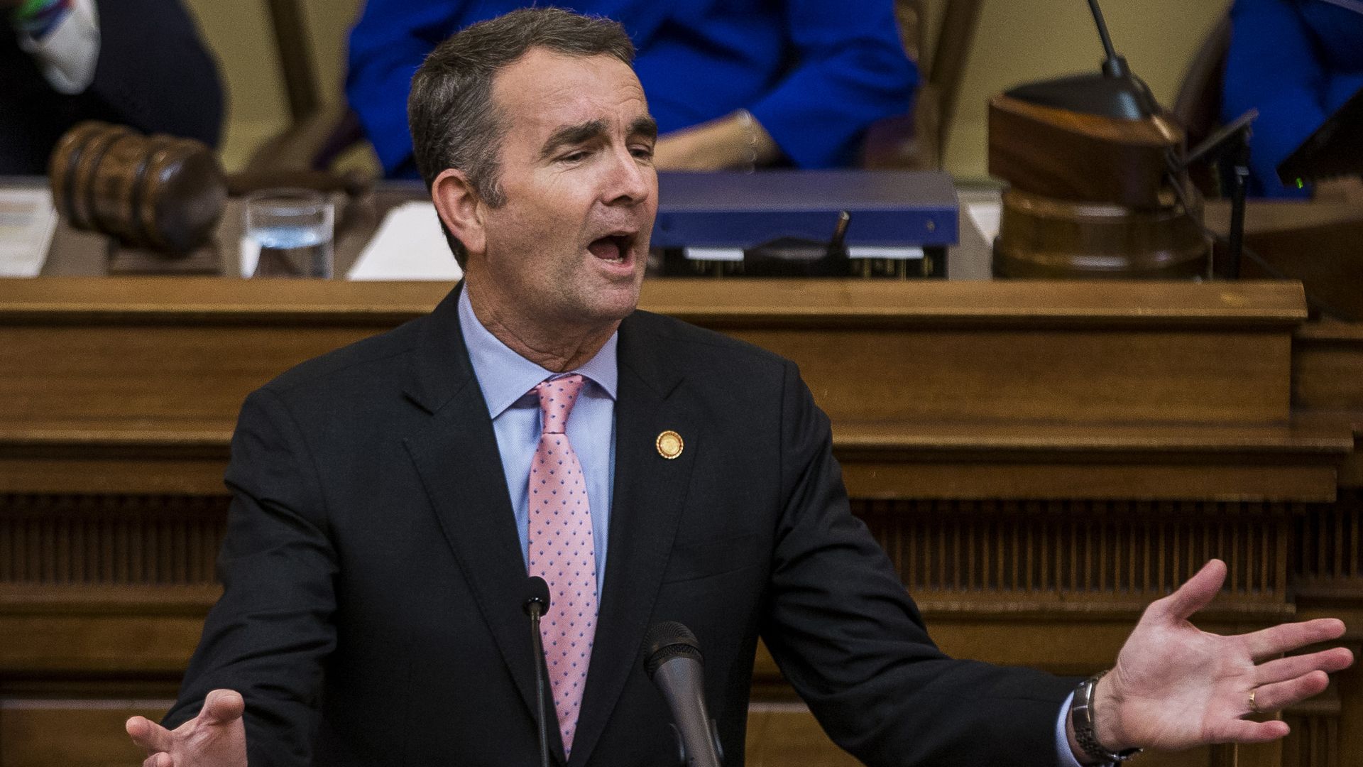  Gov. Ralph Northam delivers the State of the Commonwealth address at the Virginia State Capitol on January 8, 2020 in Richmond, Virginia. 
