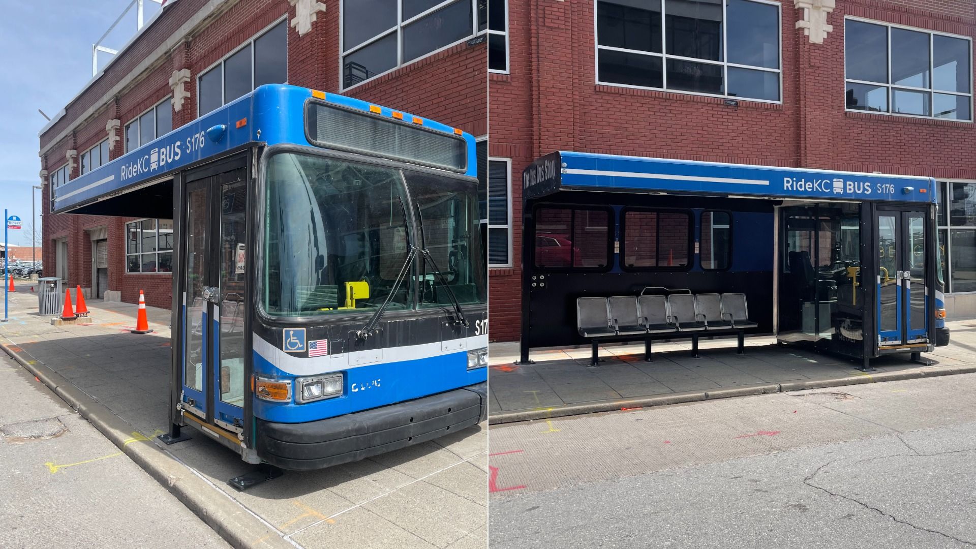 Two images of a blue RideKC bus. Left shows the front with wheelchair symbol and S176; right shows the side with open doors, seated area, and a brick building backdrop.