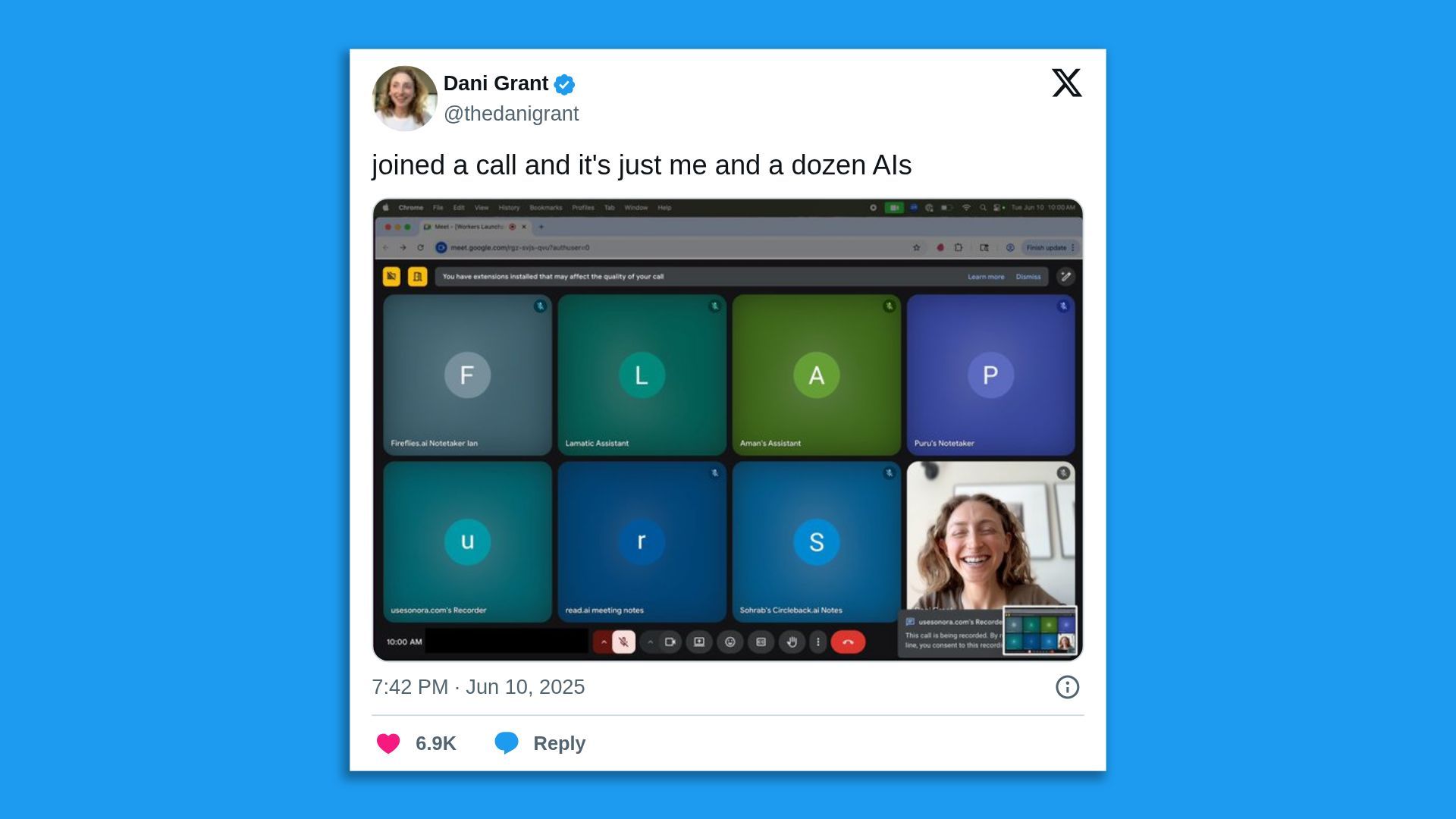 A female CEO joins a video call with only bots present