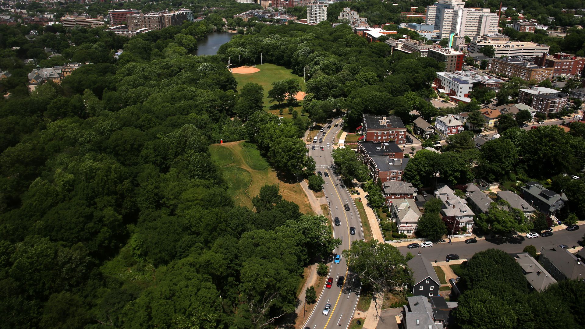 An aerial view of the Emerald Necklace.