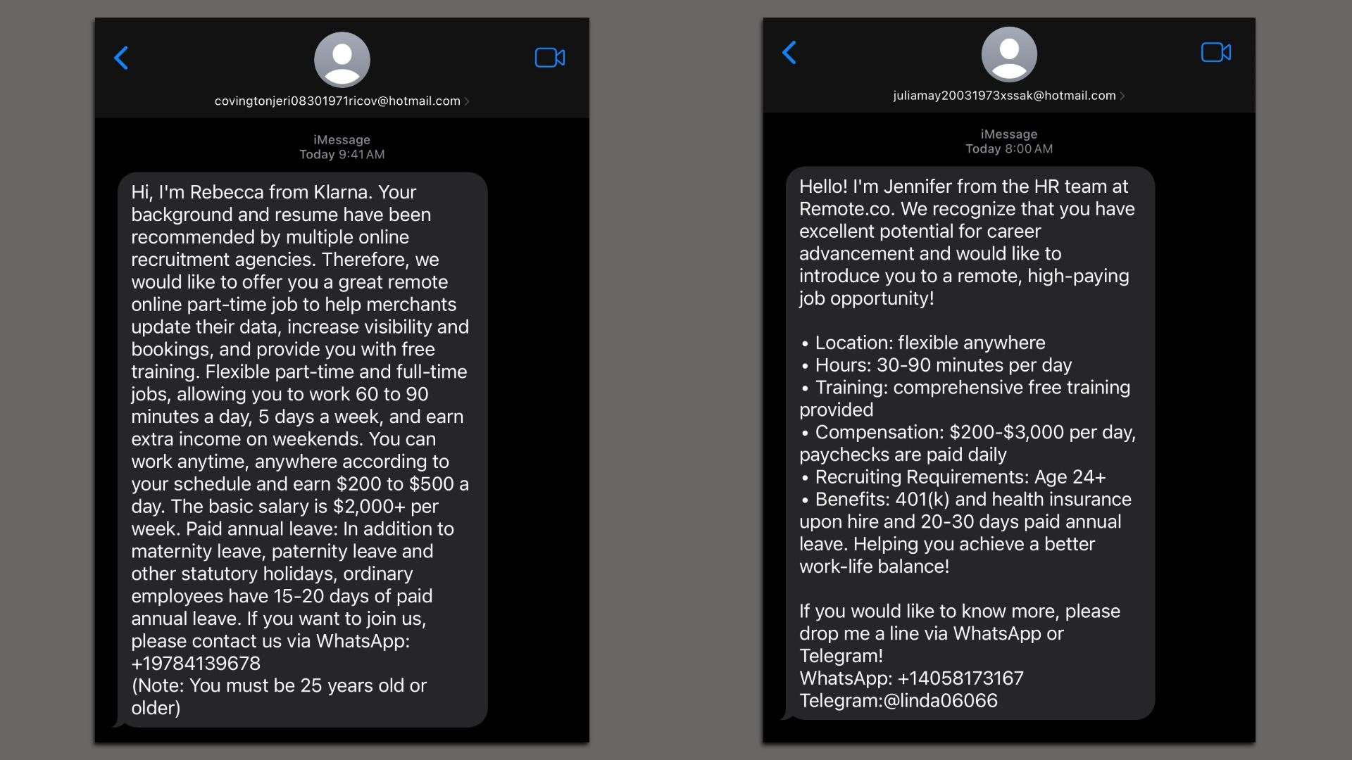 Image of two iMessage screenshots, side-by-side, showing scammers claiming to be recruiters for jobs at Klarna and Remote.co