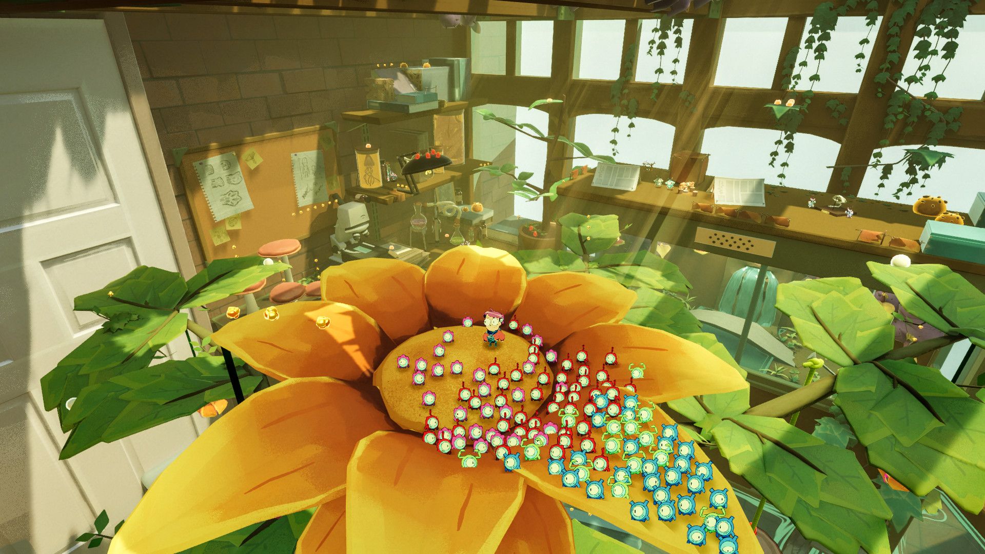Video game screenshot showing hundreds of little characters gathered on a flower