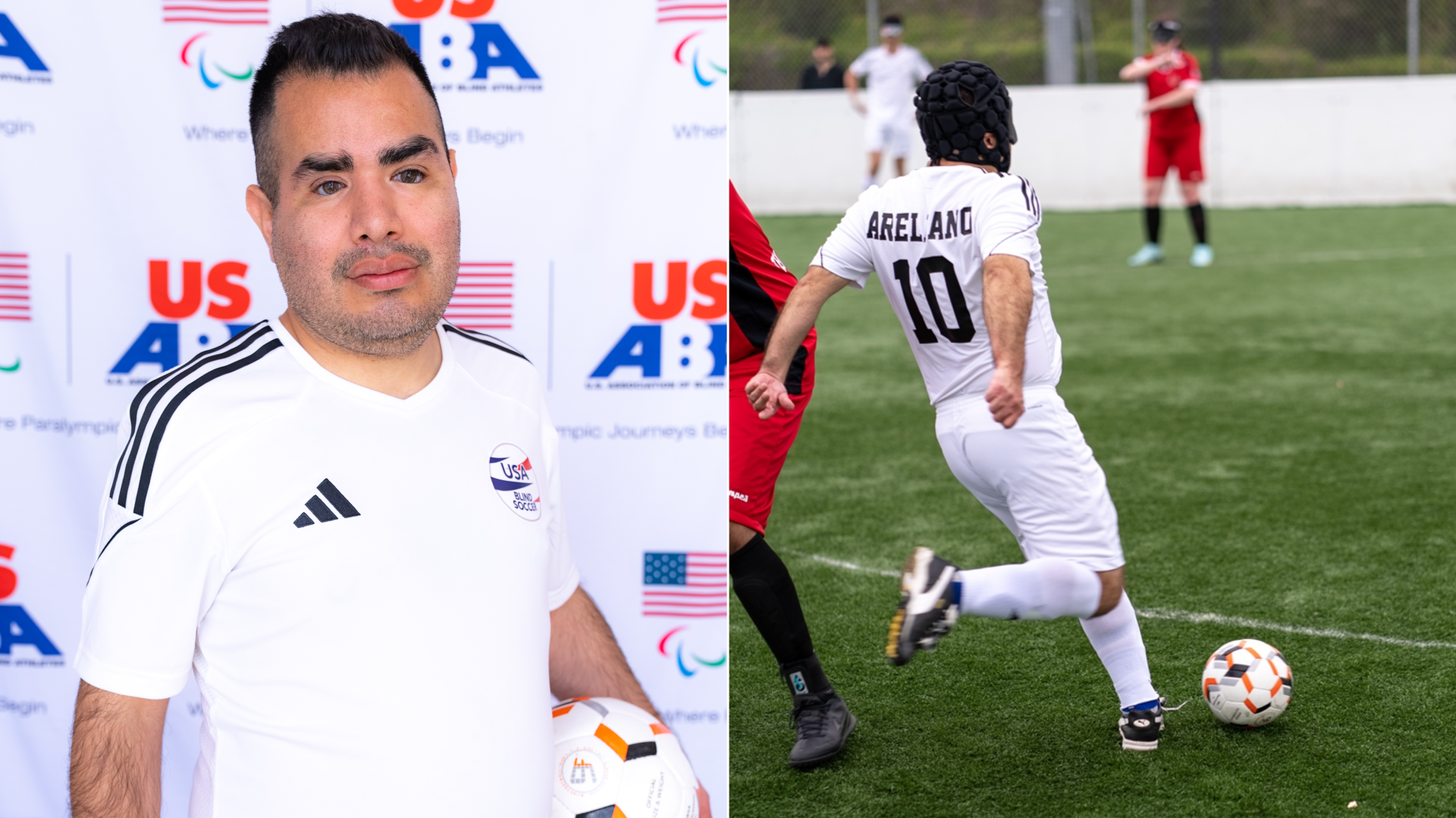 A headshot of a soccer player next to an action shot of the player.