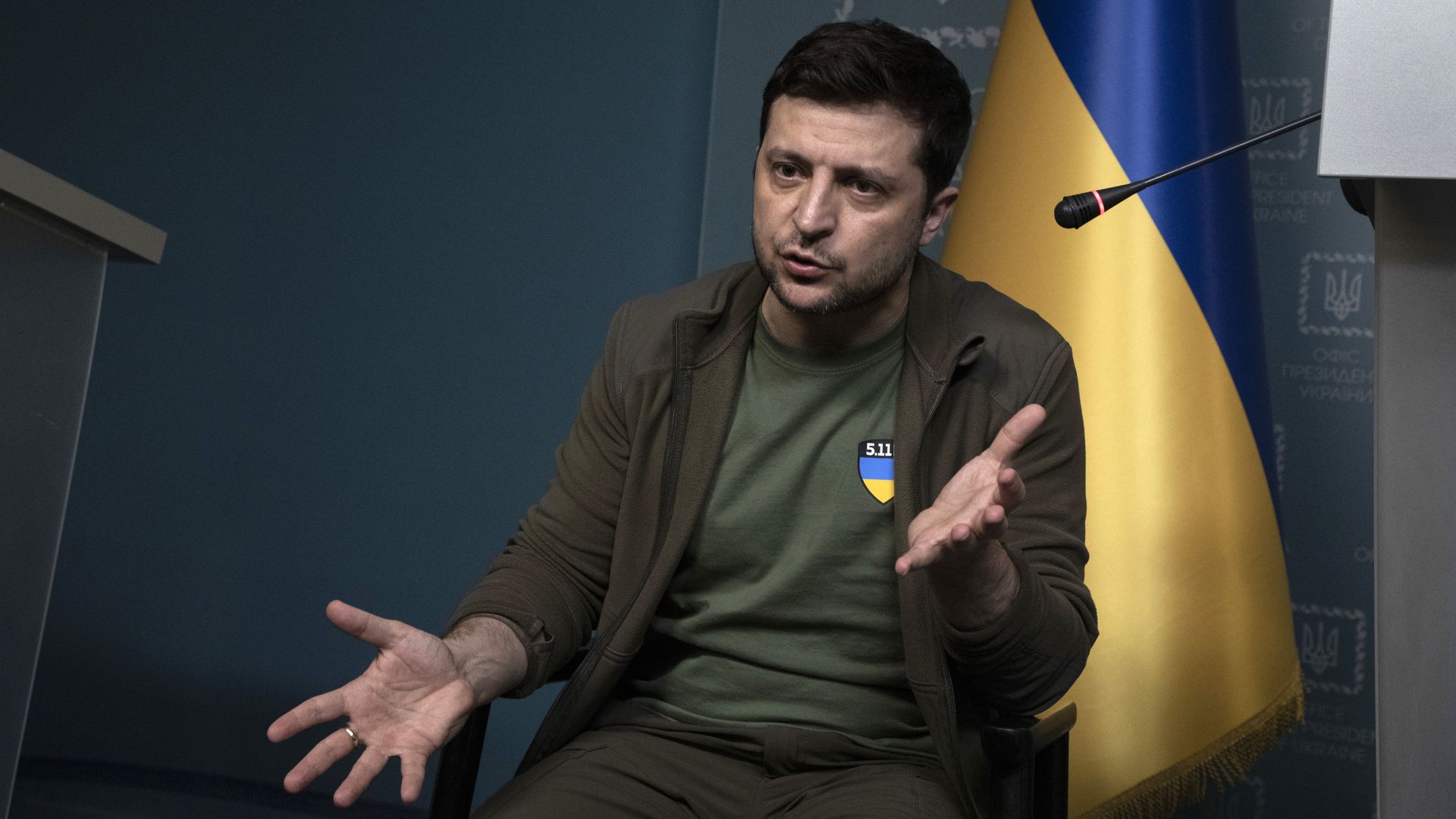 Ukrainian President Volodymyr Zelensky speaks at a press conference at his official residence the Maryinsky Palace on March 3,2022 in Kyiv, Ukraine.