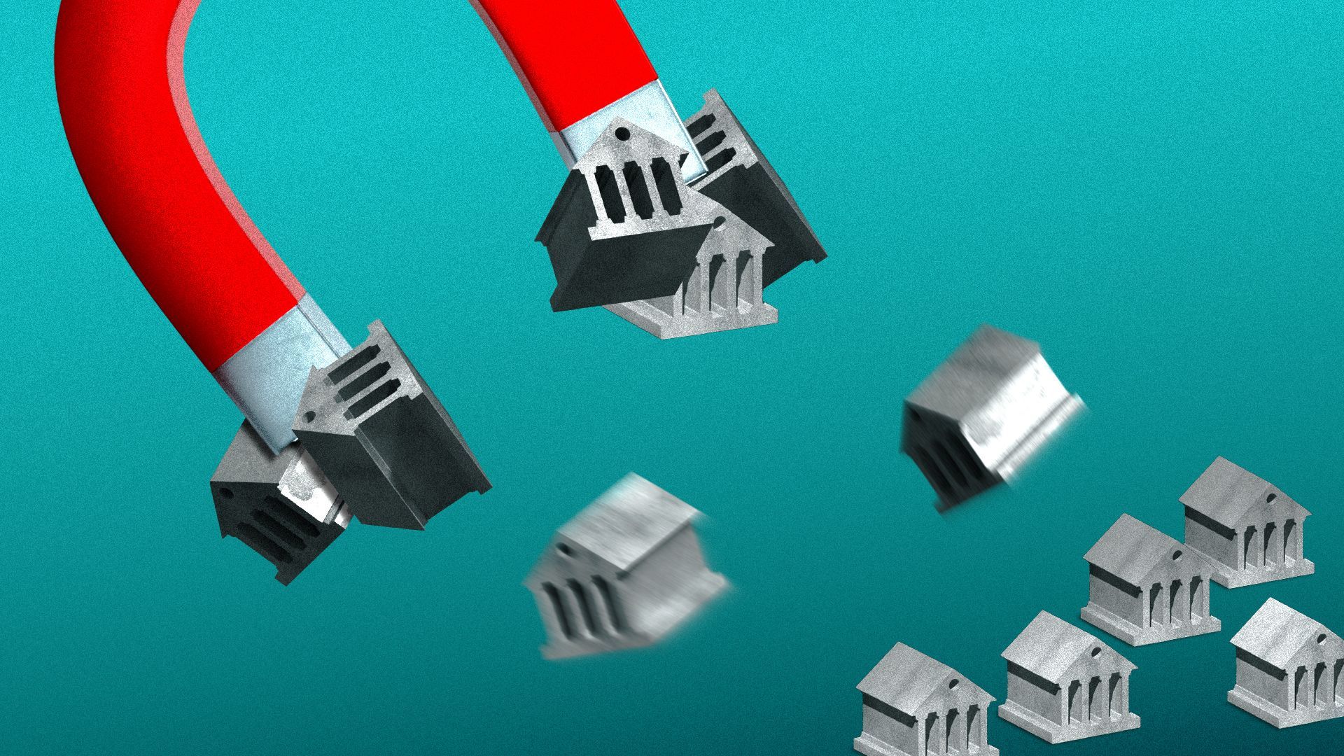 Illustration of a large magnet attracting small bank buildings.