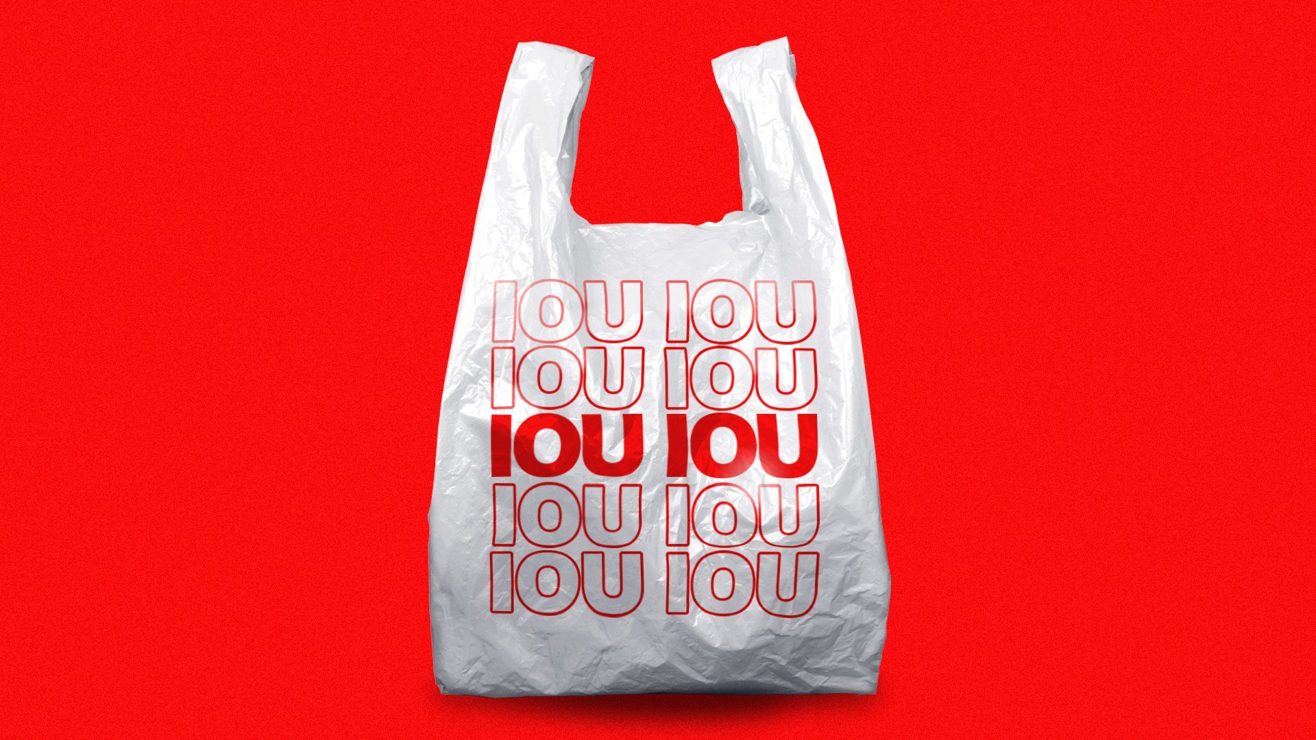 Illustration of a plastic "thank you bag" that instead reads "IOU" repeated