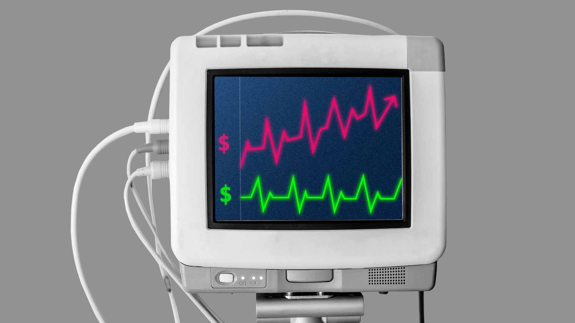 an illustration of a heart rate monitor with dollar signs and line graphs