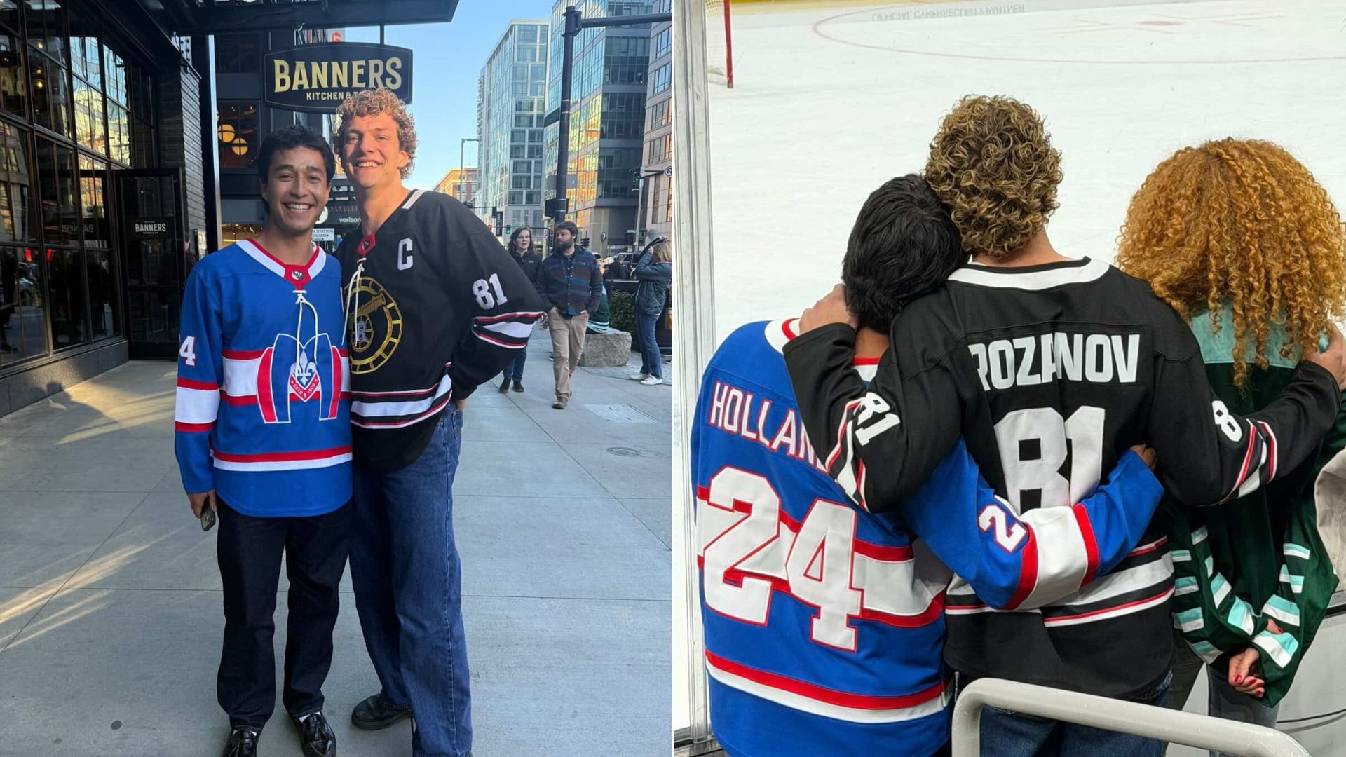 Two men in hockey jerseys pose on a city sidewalk beside a storefront sign reading 'BANNERS'. On the right, three friends with arms around each other face away, wearing blue, black, and striped jerseys including 'HOLLAND 24'.