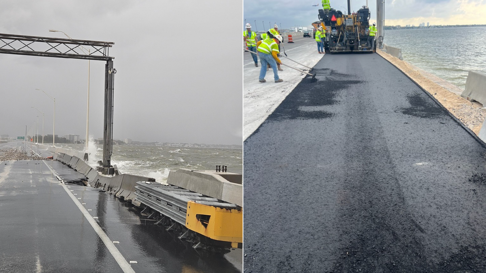 Two images, one on the left showing a causeway with waves crashing up against it and a gray sky, the other showing a newly paved road with workers in neon yellow vests raking the asphalt.