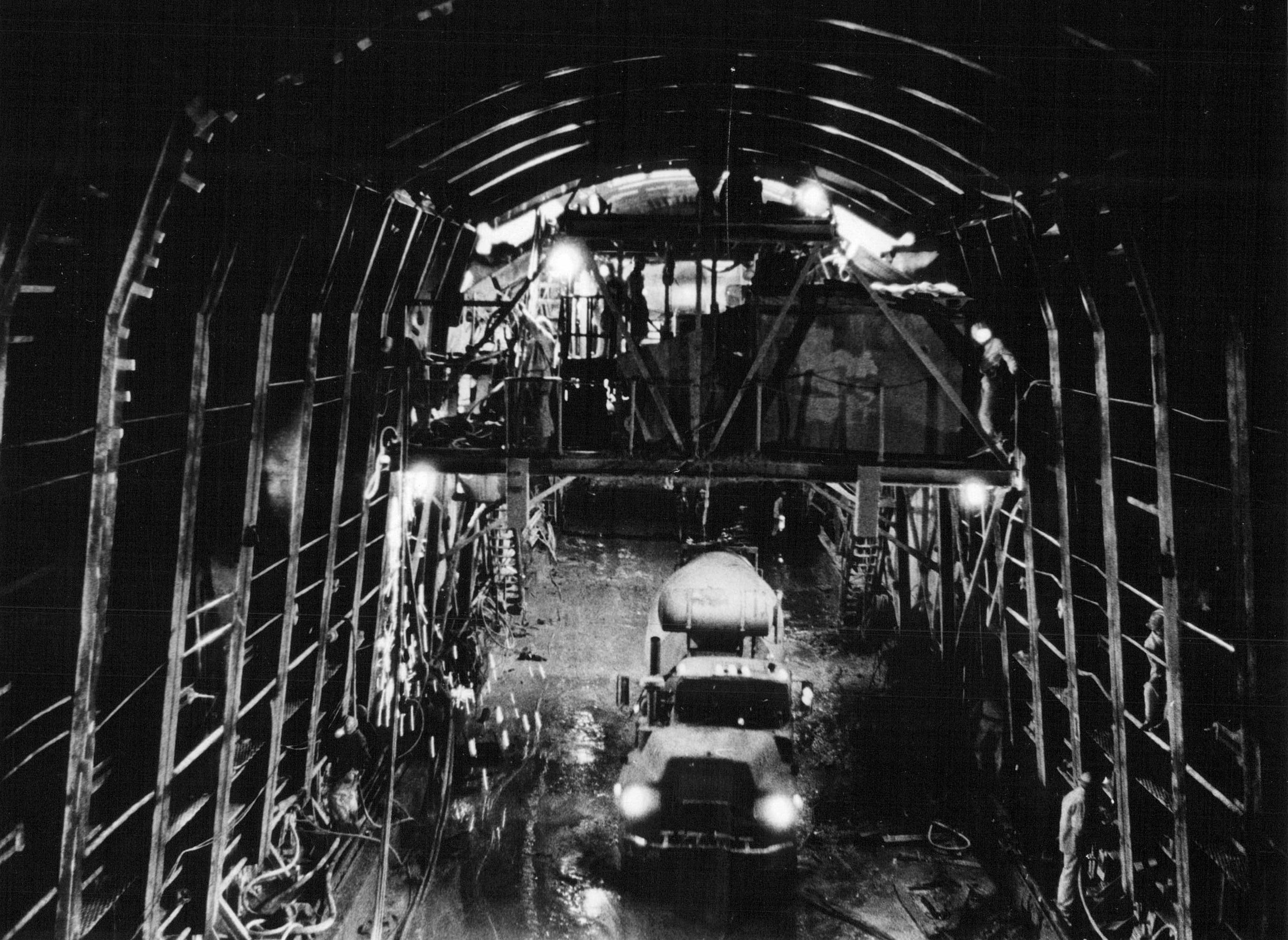 NOV 14 1972, NOV 15 1972; A concrete truck passes through the Eisenhower Memorial Tunnel. Officials think first half of the tunnel will be open for two-way traffic in February.; (Photo By John Beard/The Denver Post via Getty Images)