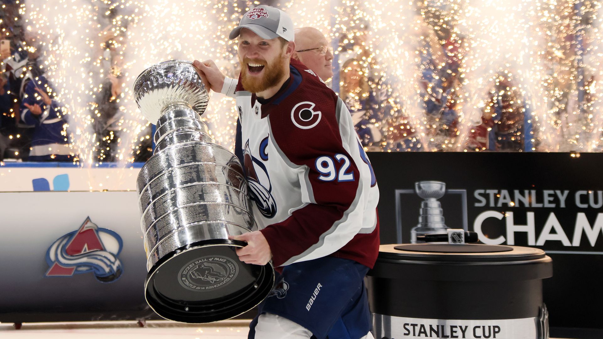 The Colorado Avalanche's 10-year veteran captain Gabe Landeskoglifts the Stanley Cup after defeating the Tampa Bay Lightning in the 2022 NHL Stanley Cup Final. Photo by Bruce Bennett/Getty Images