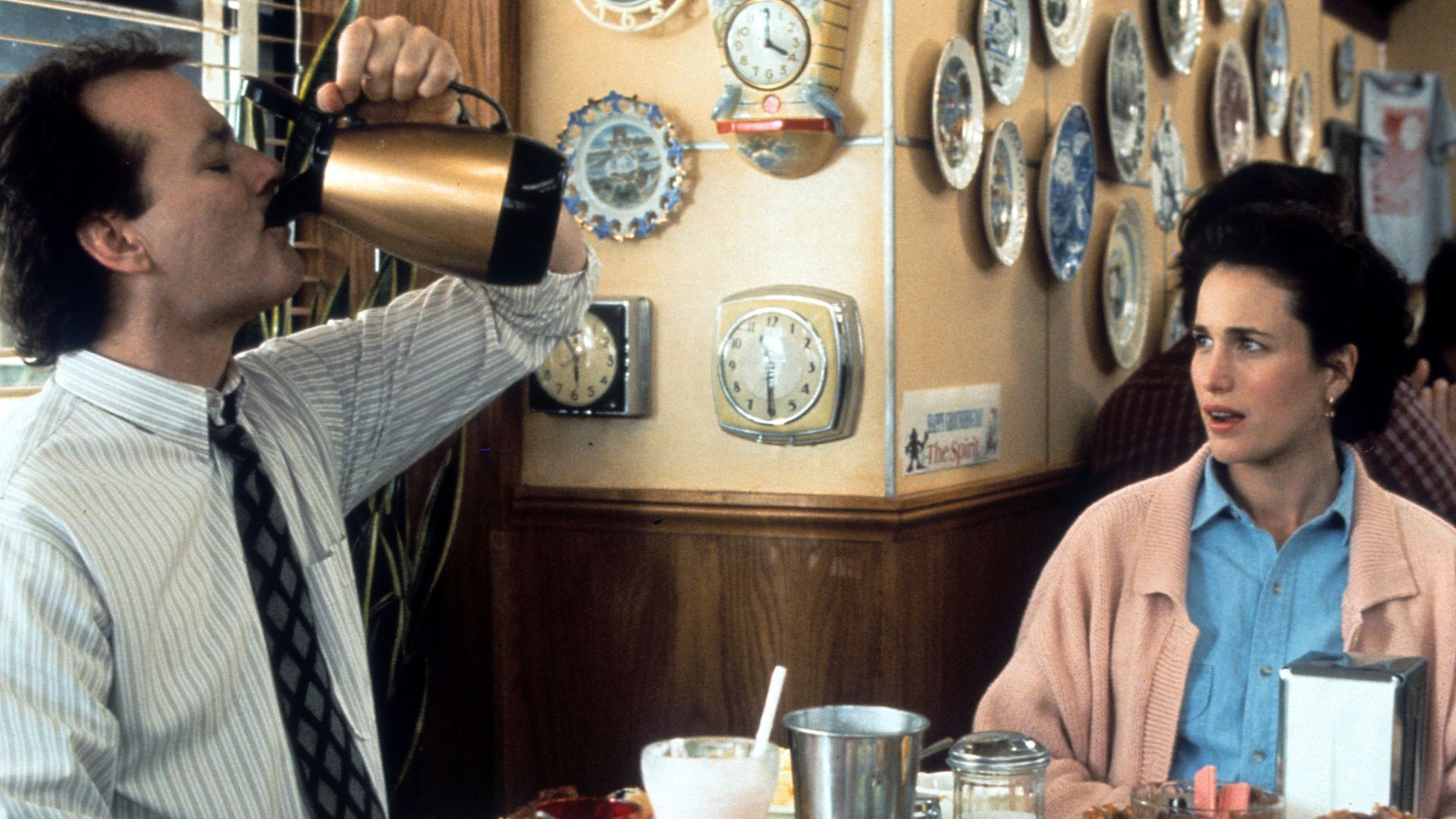 Bill Murray and Andie MacDowell in a scene from the film 'Groundhog Day', directed by Harold Ramis, 1993. 