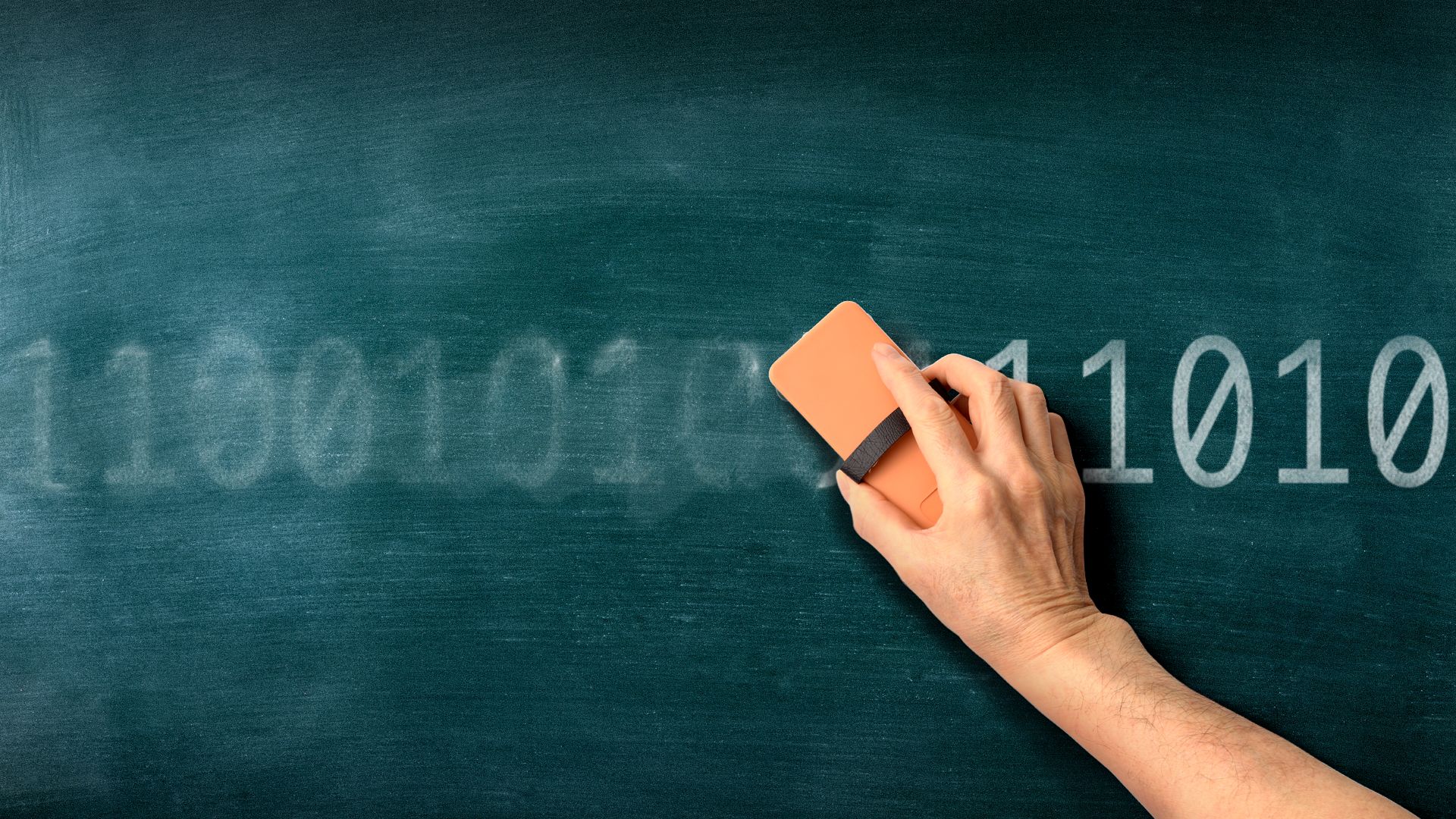 Illustration of a hand erasing binary code from a chalkboard