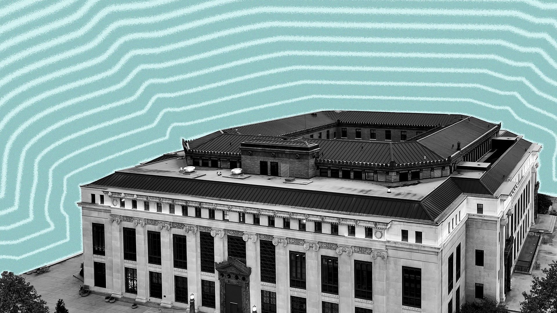 Illustration of Columbus City Hall with lines radiating from it.