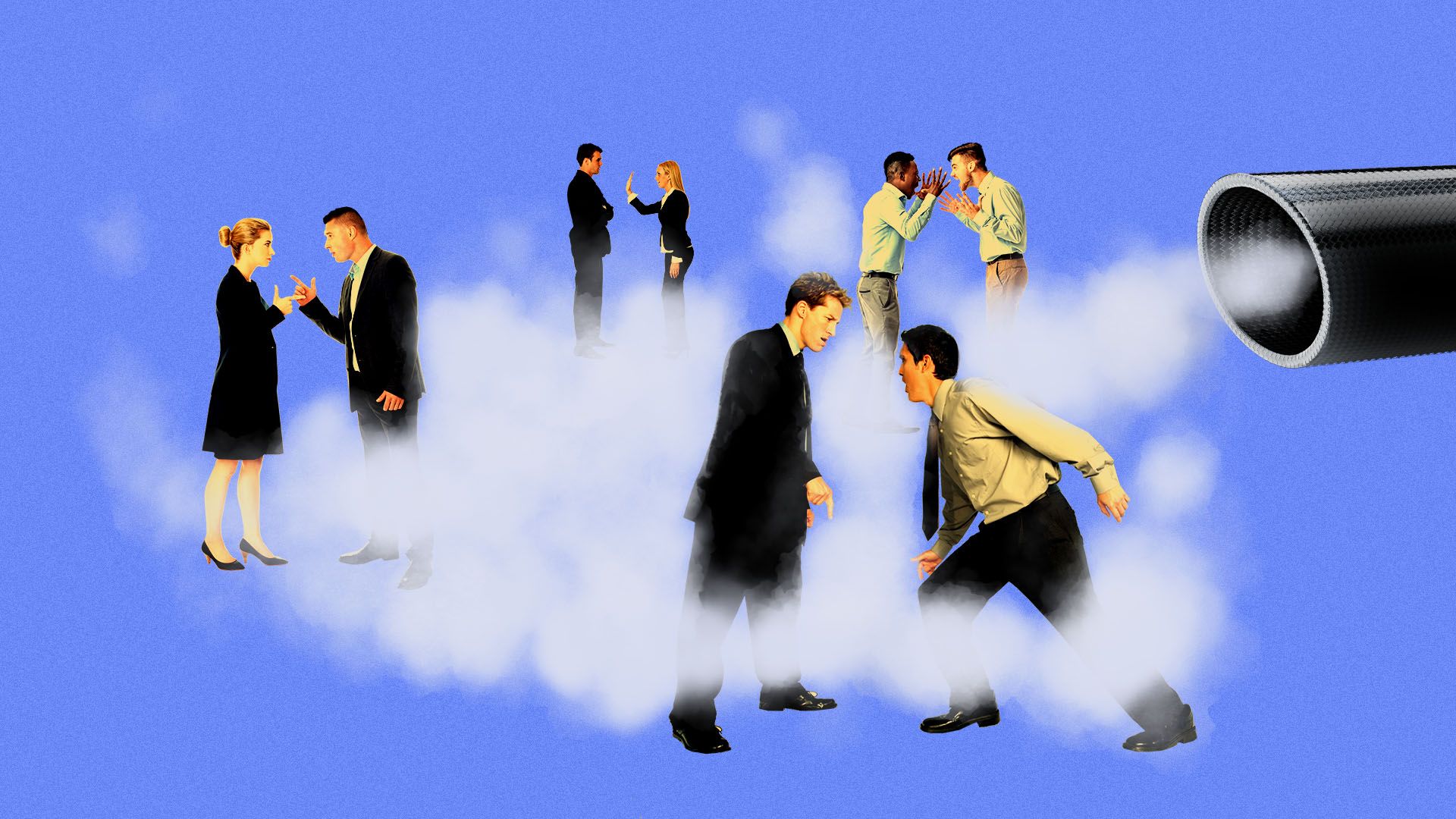 Illustration of multiple sets of business people arguing in the exhaust of a giant tailpipe