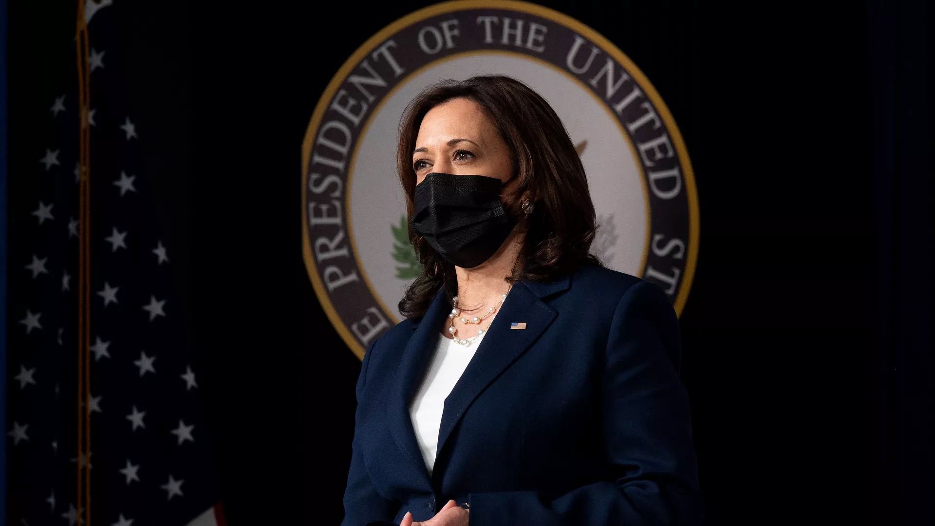 Vice President Kamala Harris is seen against a backdrop of the presidential seal.