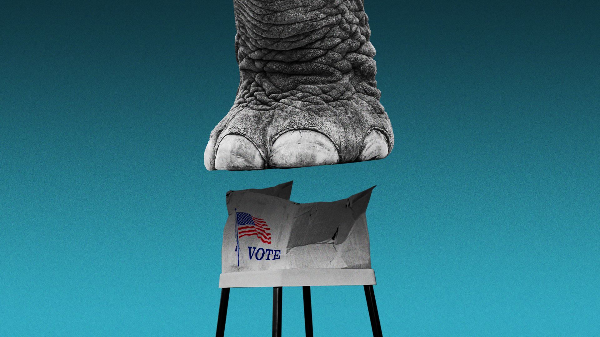 Illustration of elephant foot smashing a ballot box.