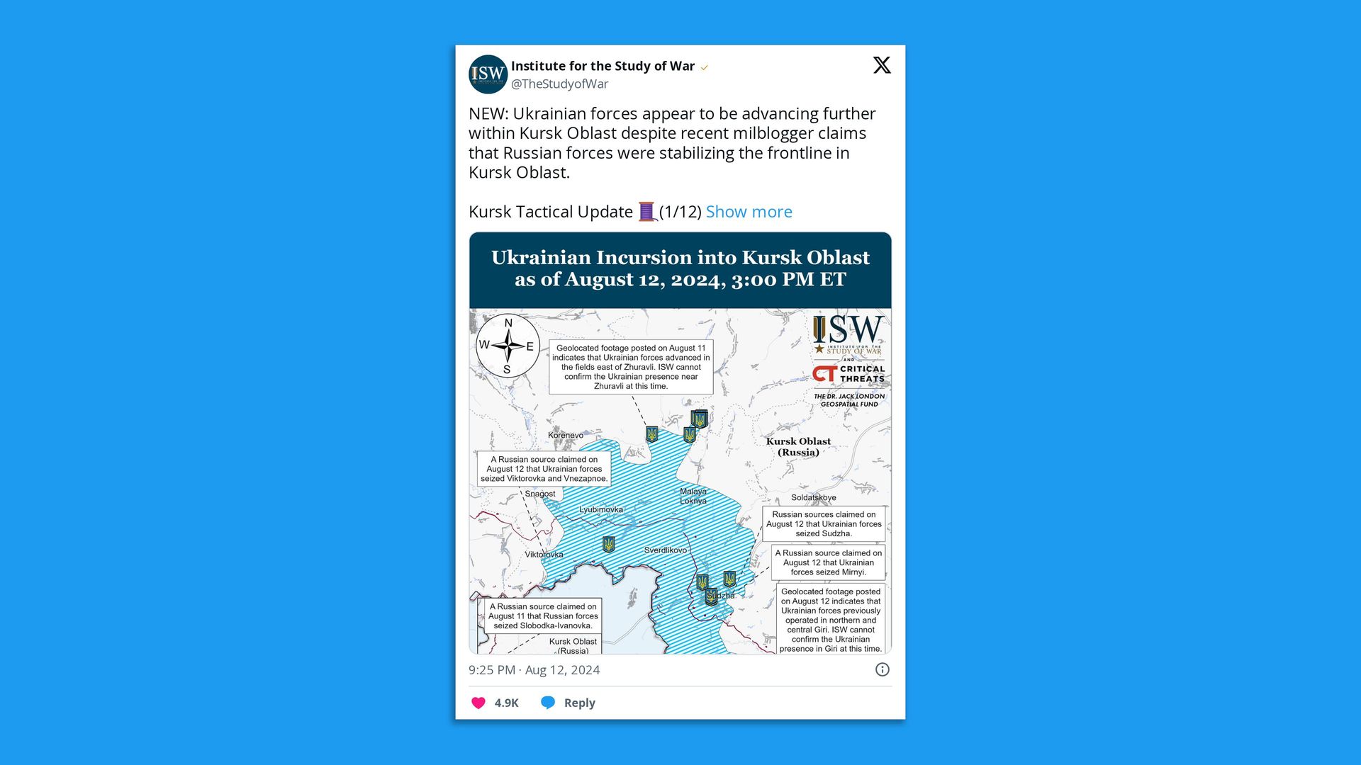 A post on X from the Institute for the Study of War. It includes a map showing the progress of Ukraine's Kursk offensive.