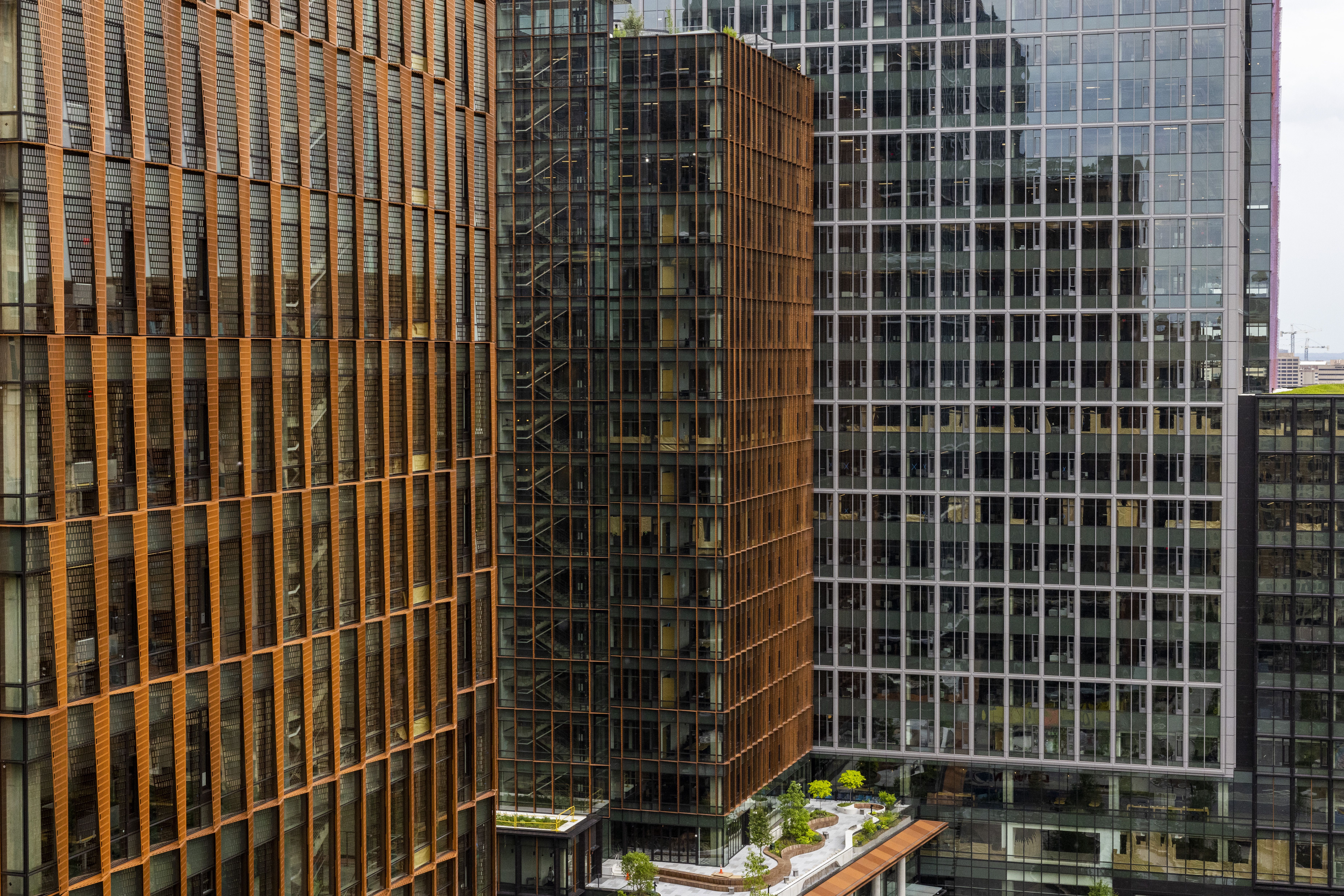 A closeup of the Met Park towers