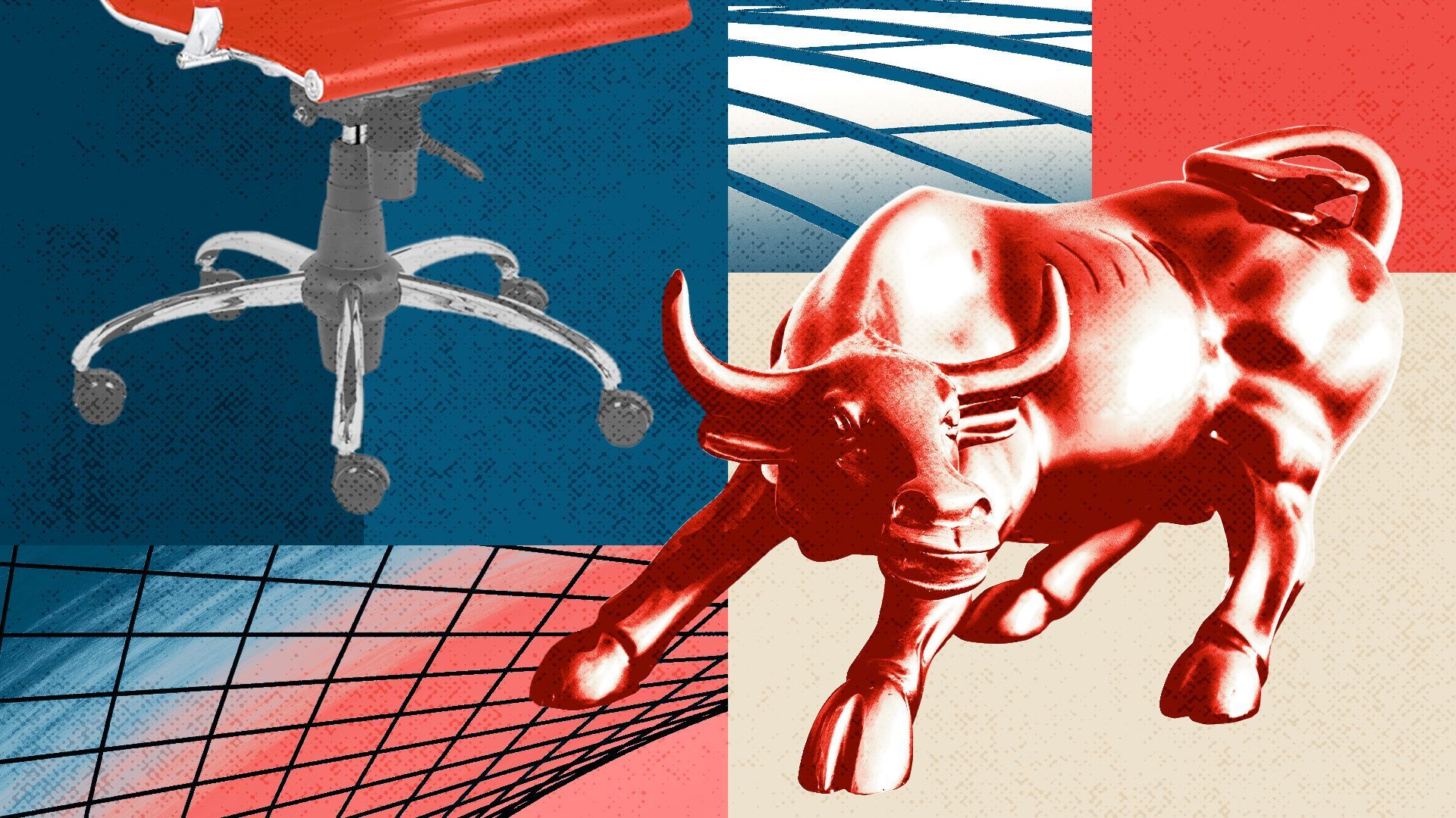 Illustrated collage of the Wall Strret bull, an office chair, and abstract images of skyscraper windows and colorful squares.