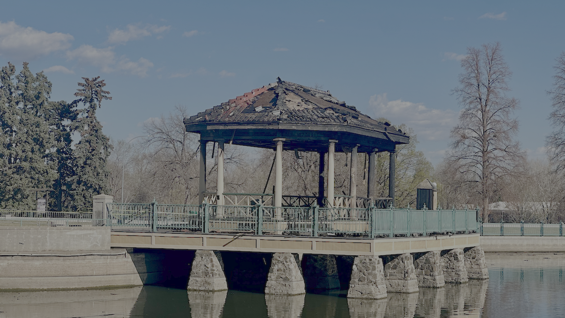 The charred City Park bandstand after a fire early Thursday morning. Photo: John Frank/Axios