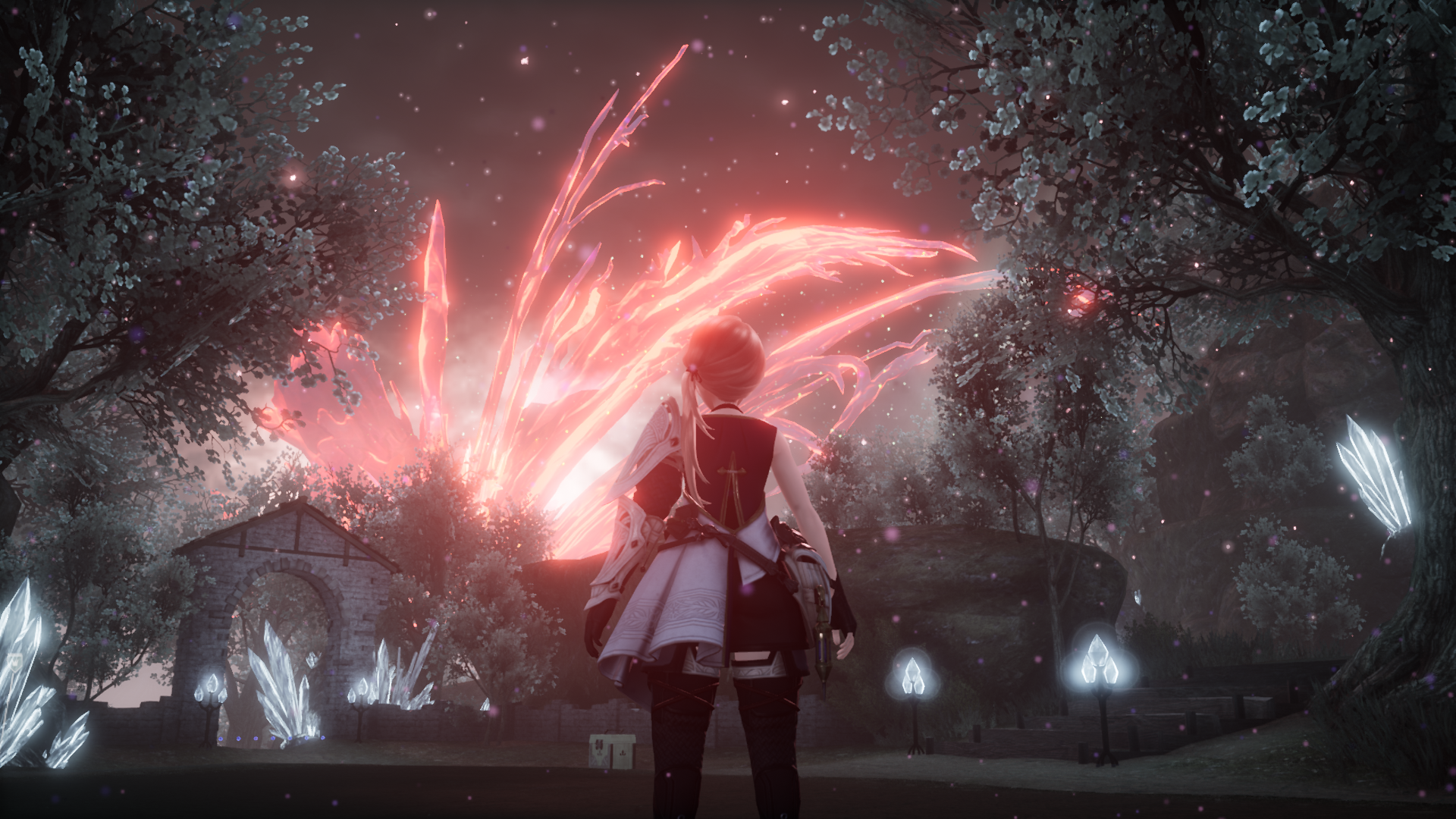 Video game screenshot of a person in a medieval-style village at night, while large magical red flames shoot into the sky