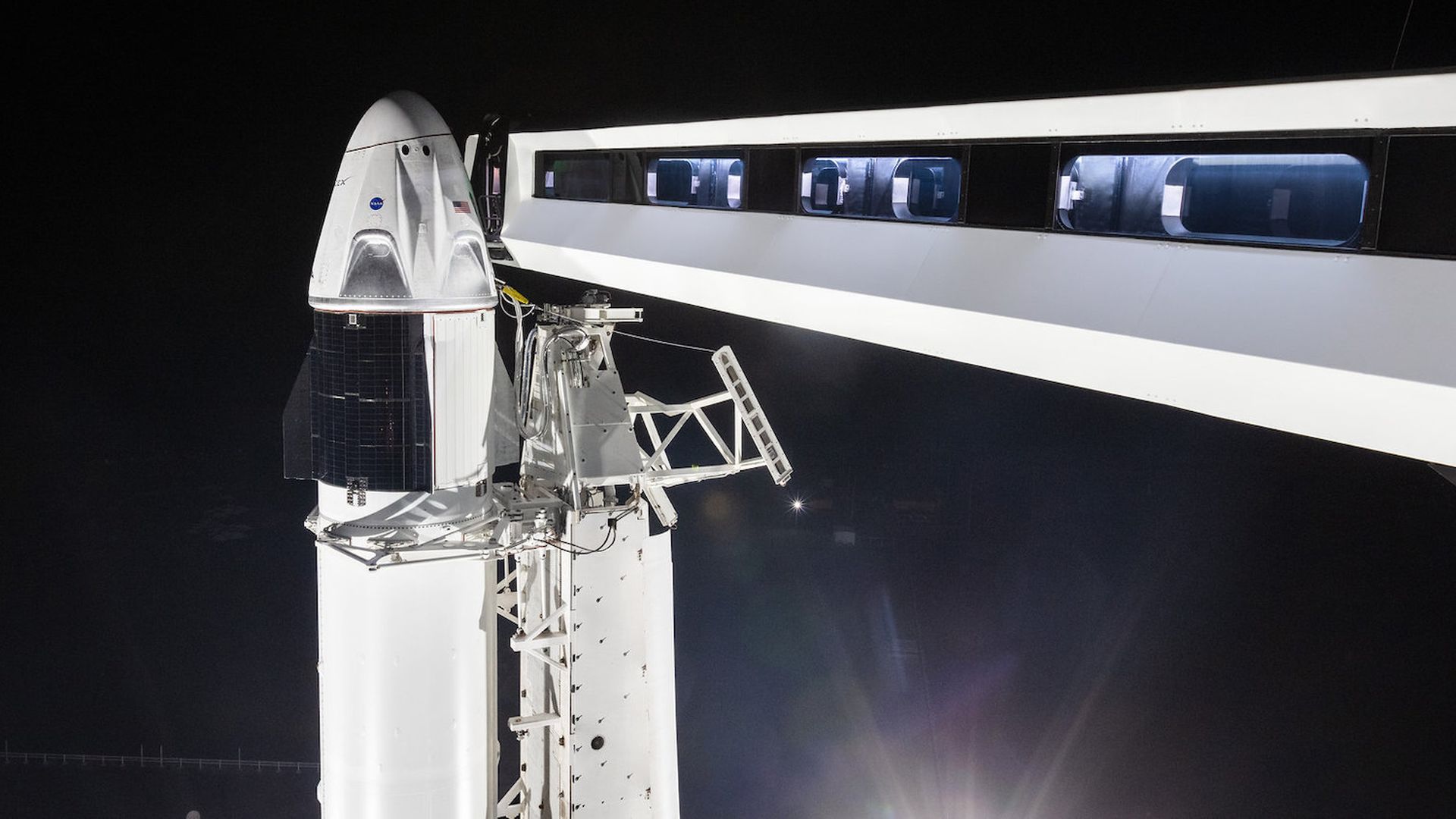 The Crew Dragon vehicle on top of its Falcon 9 rocket on January 3, 2019.