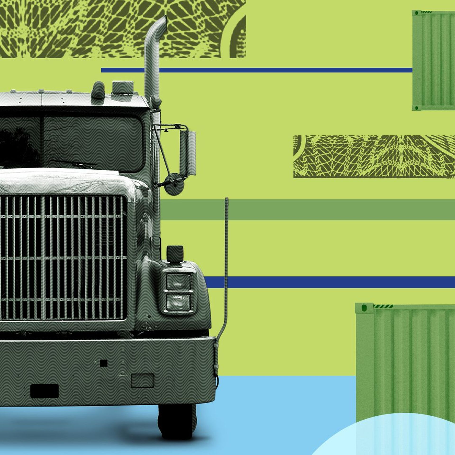 Illustration of a semitruck and shipping containers surrounded by abstract shapes and money elements.