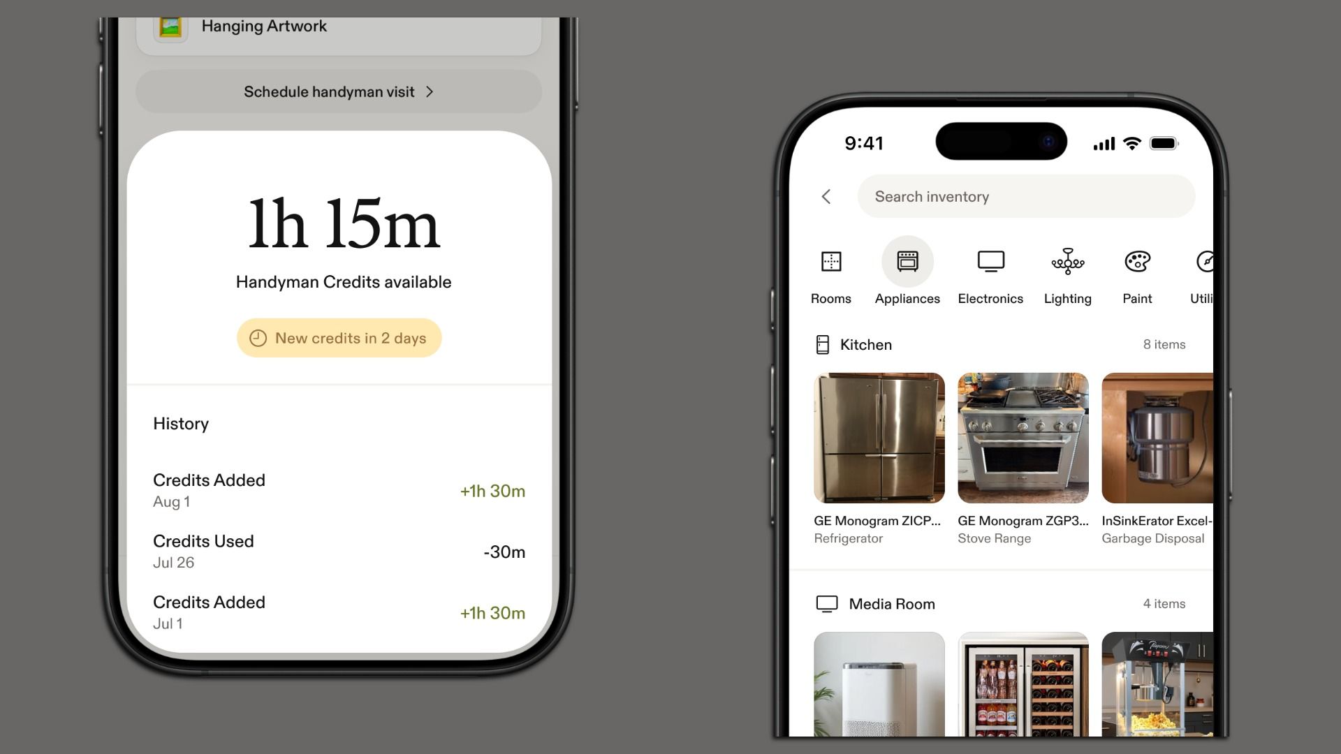 Two iPhones side by side showing home-management apps: left screen with a large '1h 15m' card and 'Handyman Credits available'; right screen with an inventory interface, rounded search bar, icons, and appliance thumbnails.