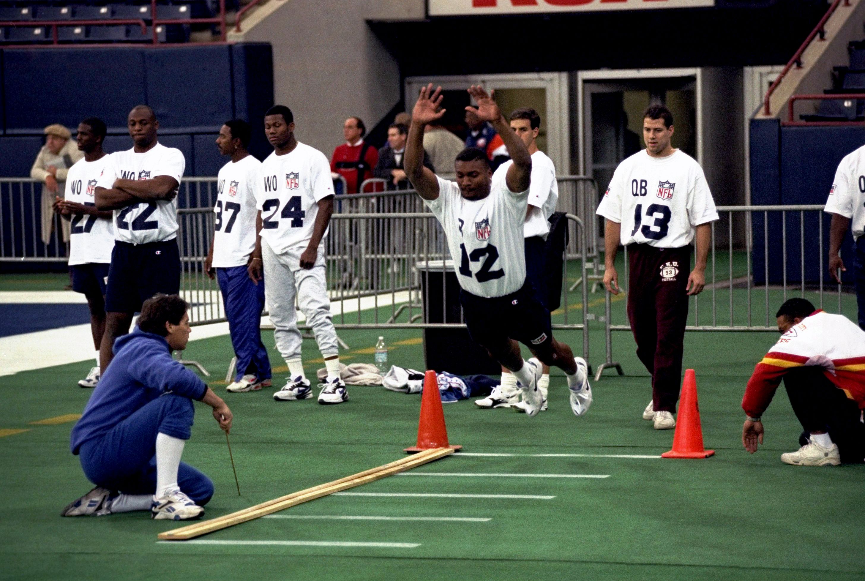 Former Alcorn State QB Steve McNair during long jump at RCA Dome. Indianapolis, IN 2/11/1995 
