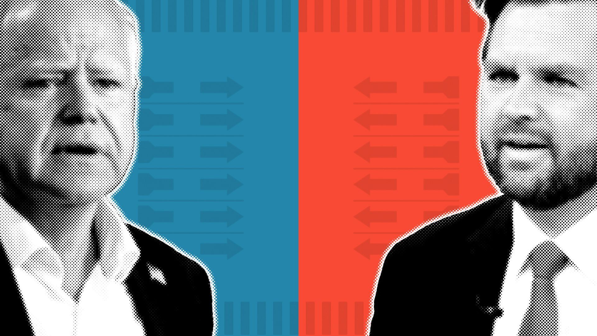Photo illustration of Tim Walz and J.D. Vance on a divided red and blue background with elements of ballots.