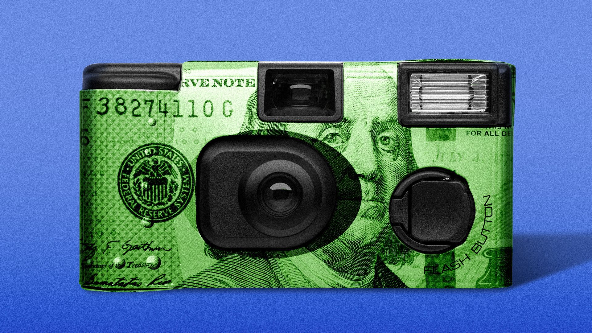 Illustration of a disposable camera made from money.