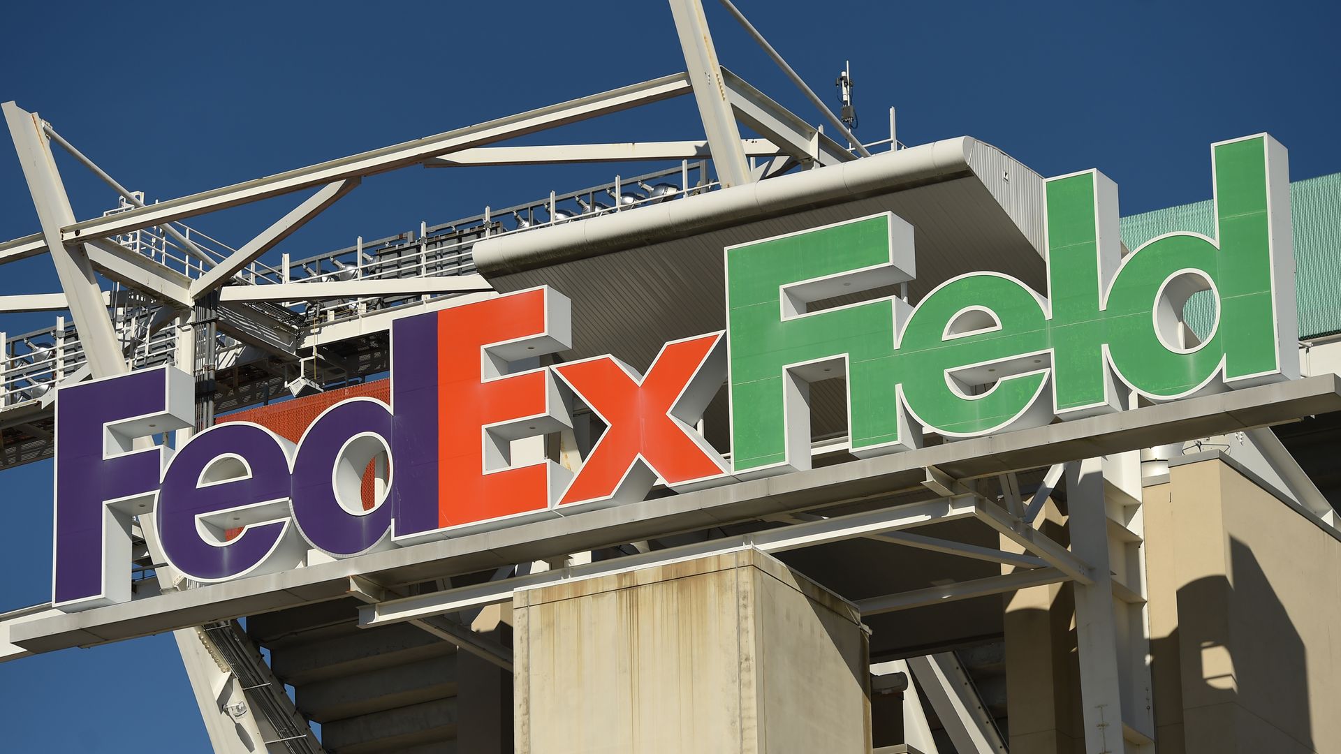 The FedExField sign on the exterior of the stadium