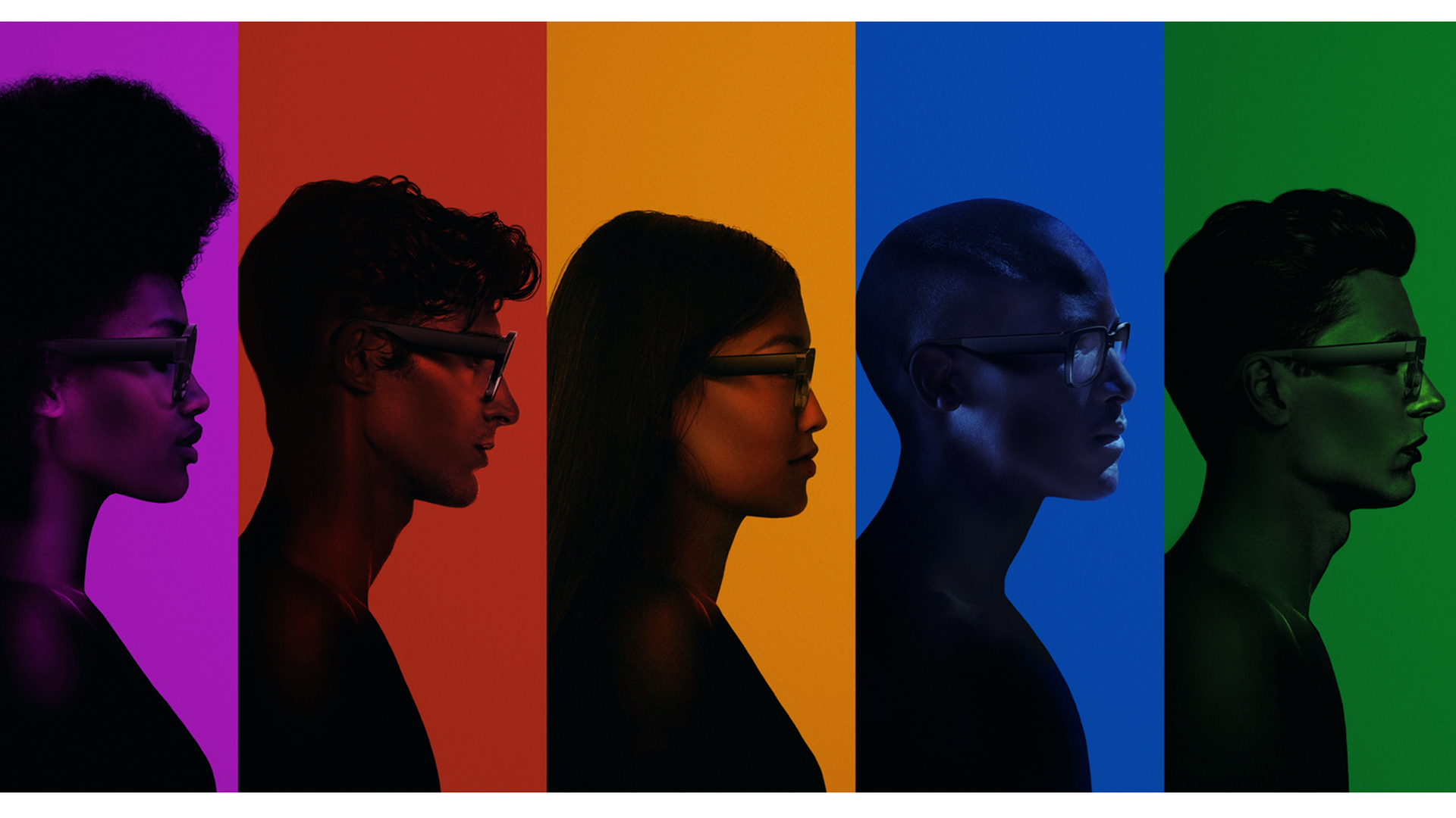 A photo illustration of silhouettes of people wearing North smart glasses
