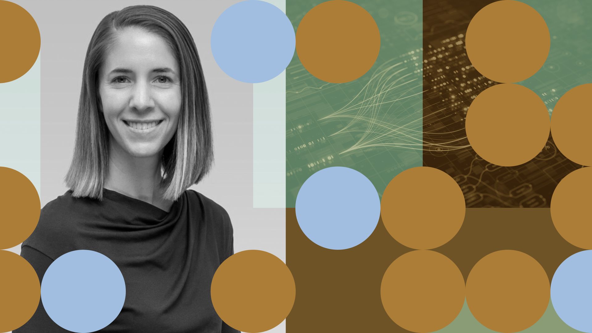 Photo illustration of Susanne Hake surrounded by abstract shapes. 